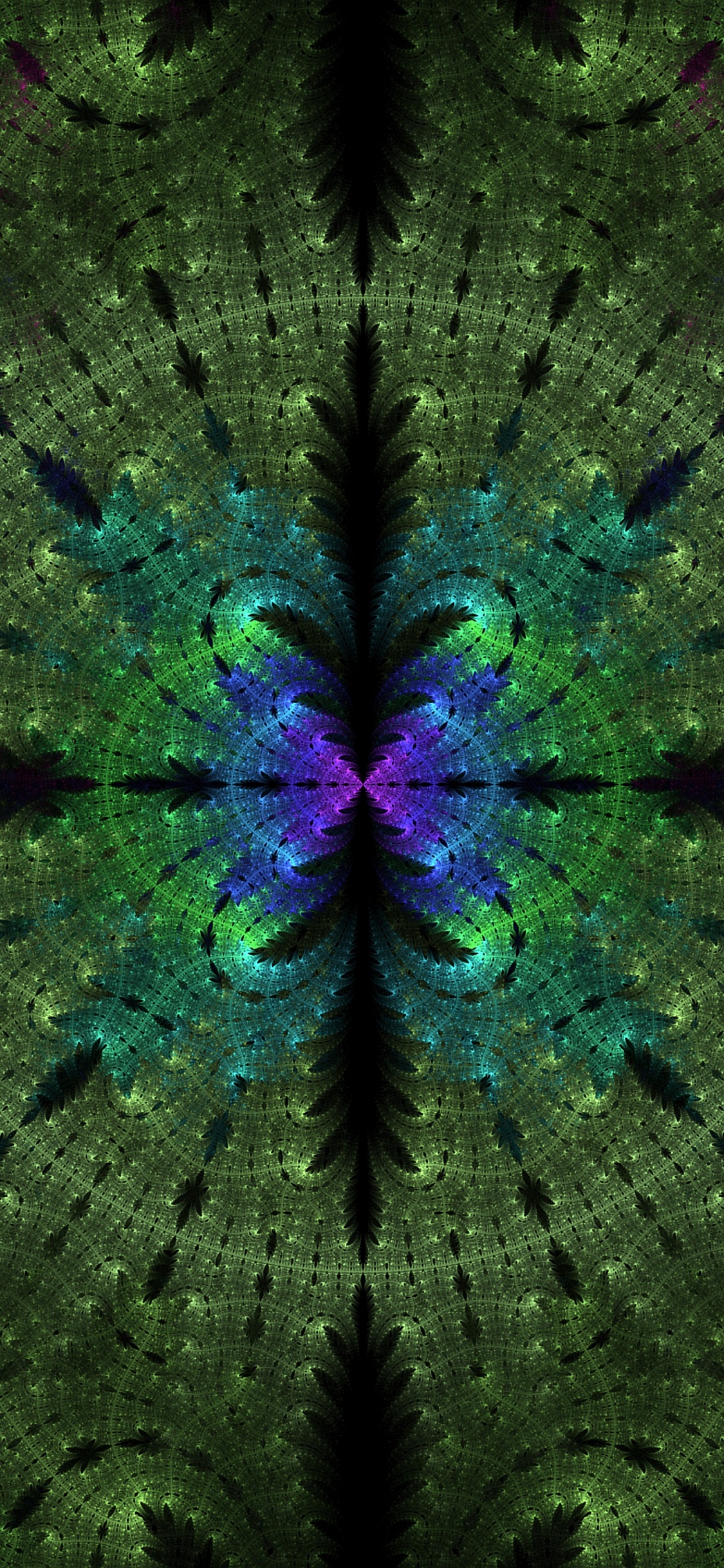 分形, 对称, 绿色的, 紫色的, 分形技术 壁纸 1125x2436 允许