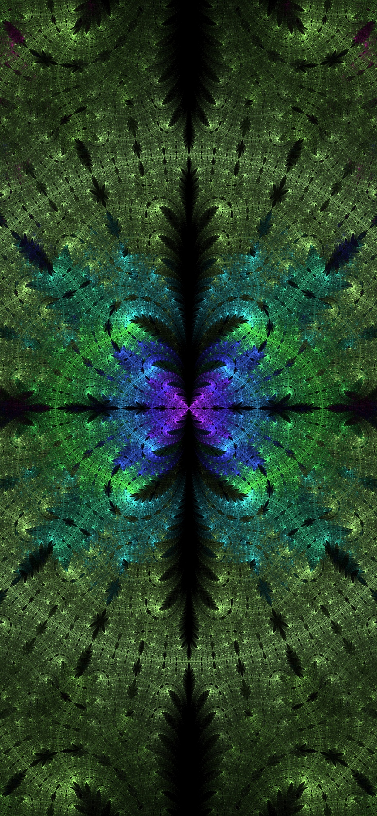 分形, 对称, 绿色的, 紫色的, 分形技术 壁纸 1242x2688 允许