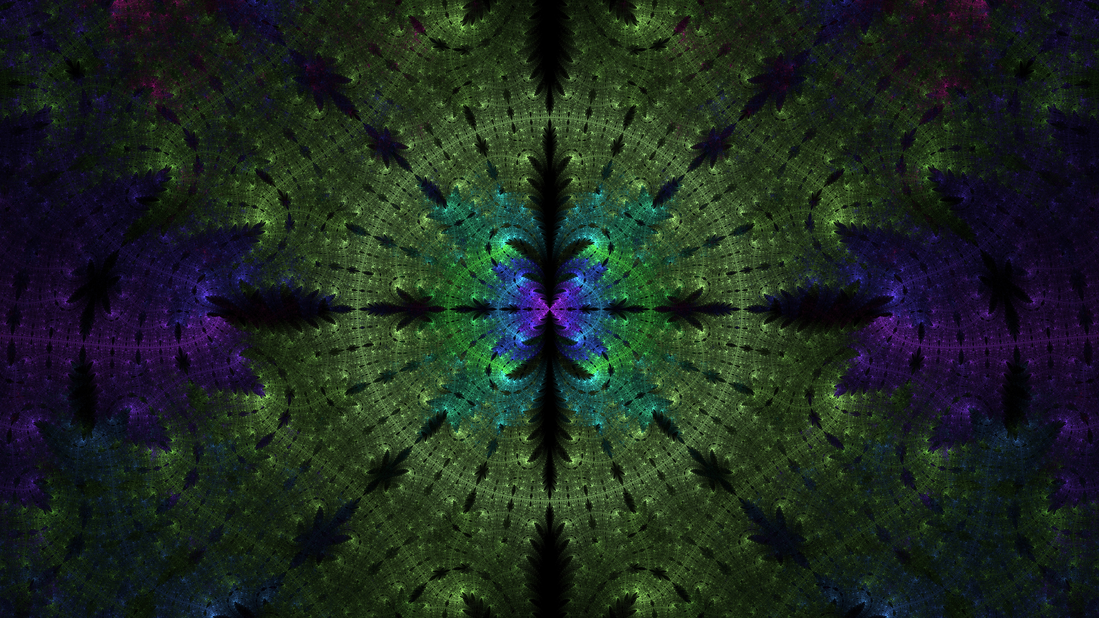 分形, 对称, 绿色的, 紫色的, 分形技术 壁纸 3840x2160 允许