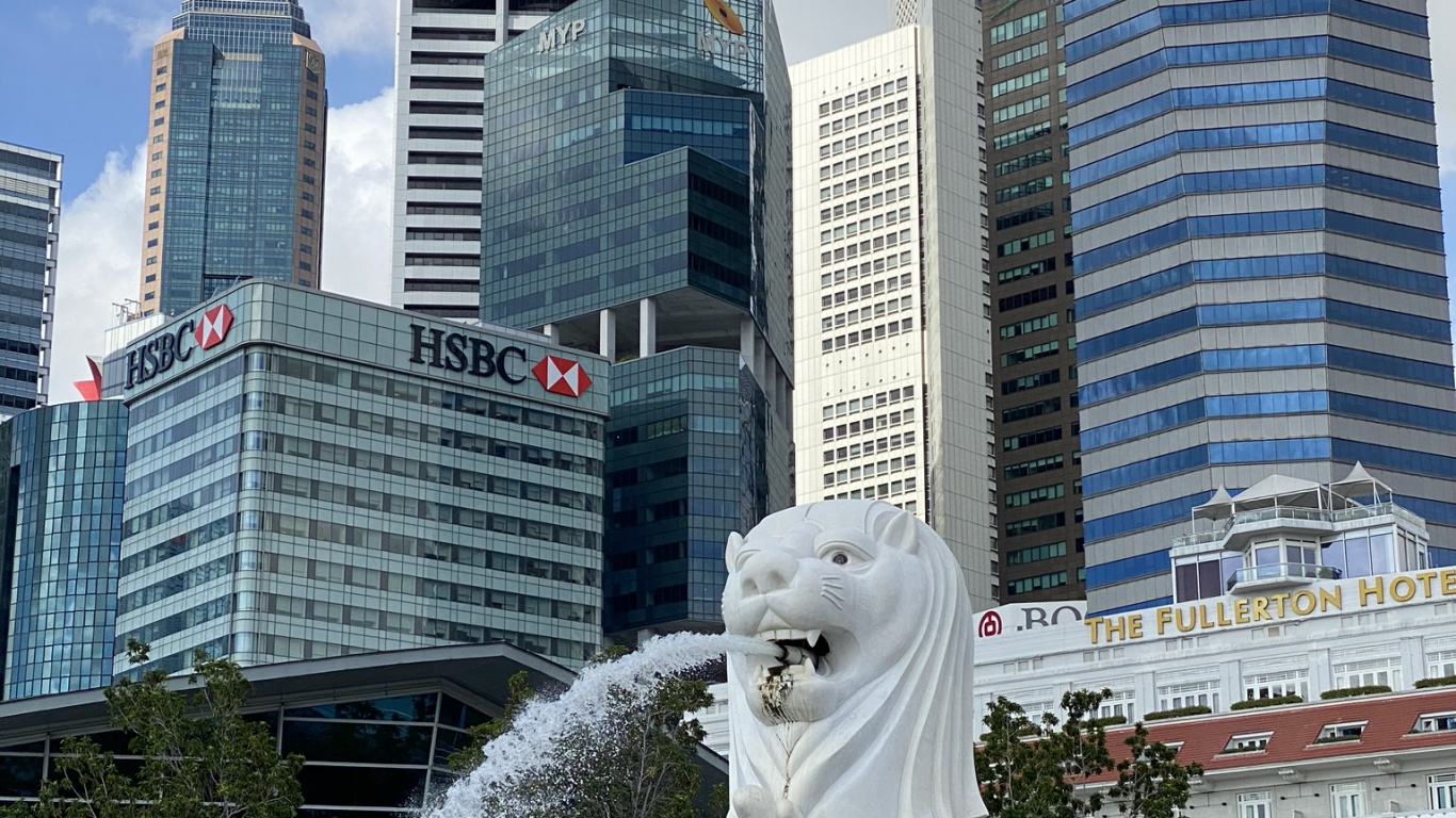 Singapore, Tower Block, Daytime, Fountain, City. Wallpaper in 1366x768 Resolution