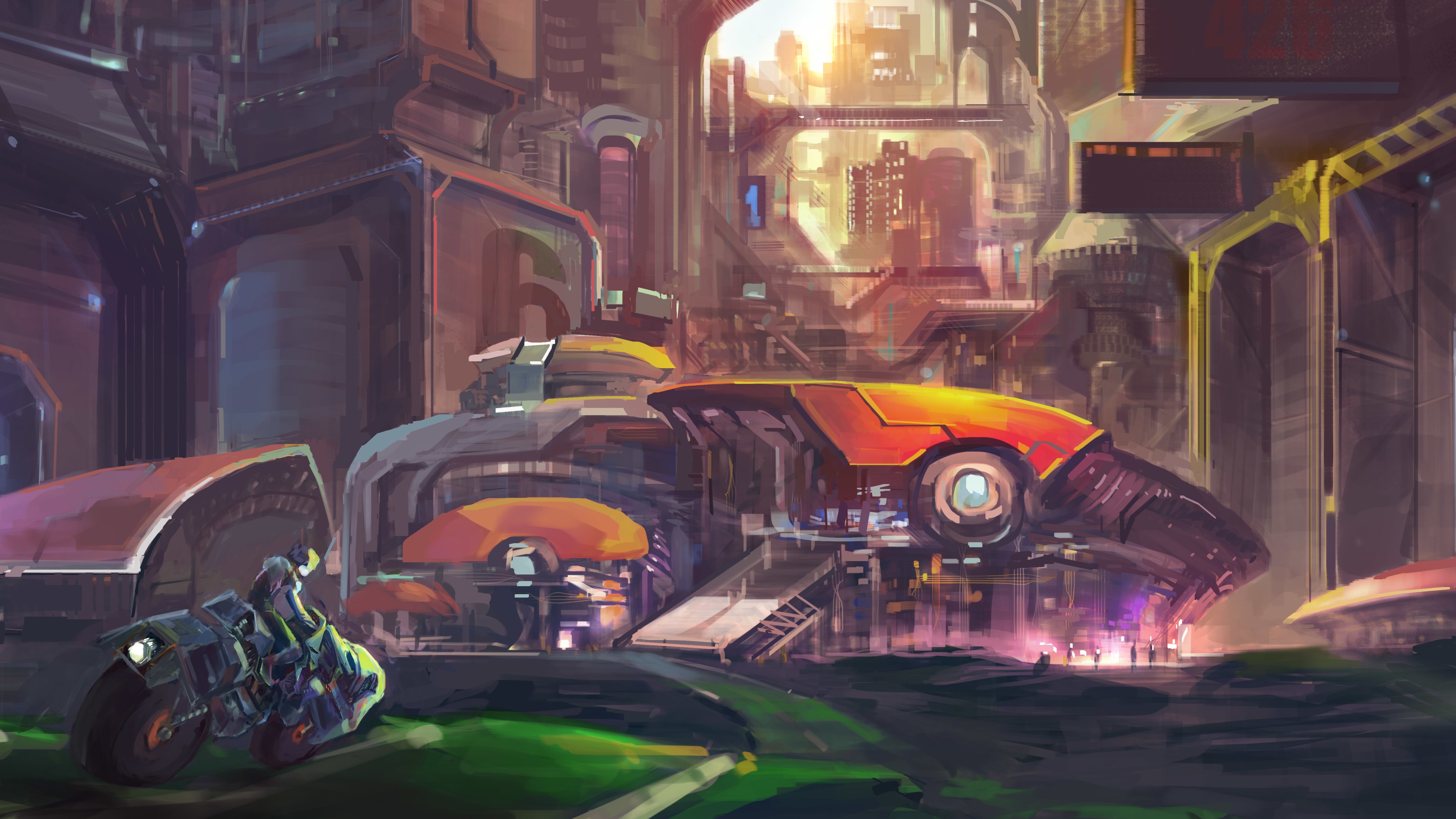 Voiture Verte et Jaune Sur Route Pendant la Nuit. Wallpaper in 3840x2160 Resolution