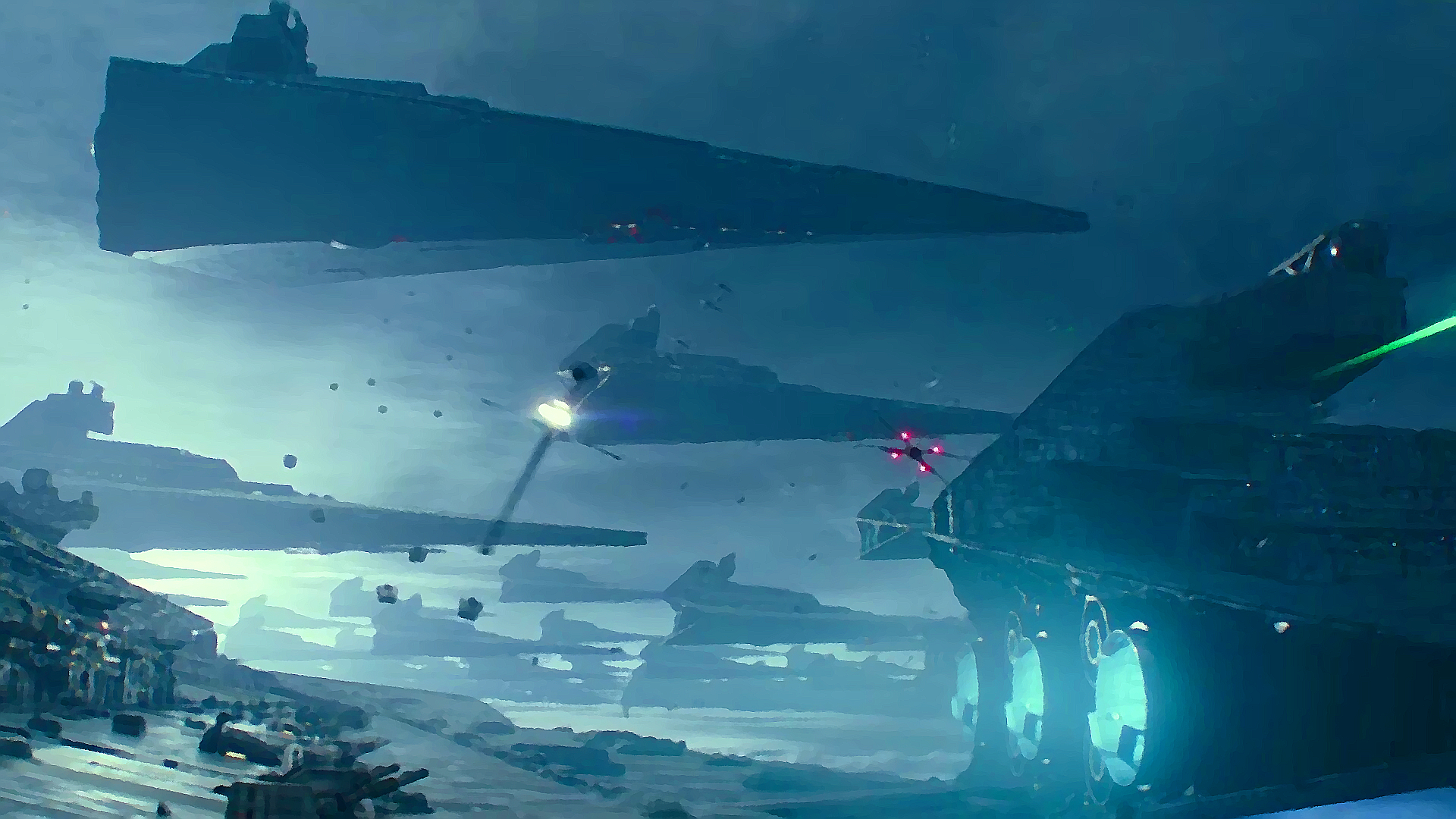 Rise of Skywalker Star Destroyer, Sheev Palpatine, Babu Frik, Princess Leia, Chewbacca. Wallpaper in 1920x1080 Resolution