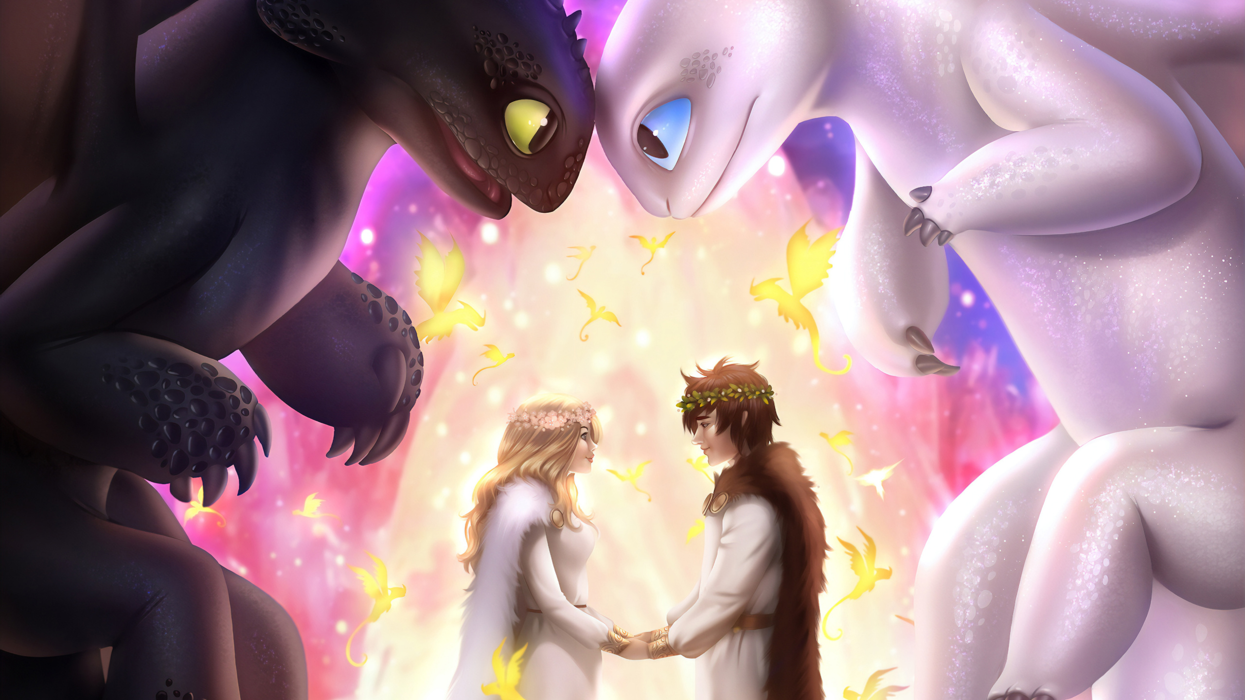Illustration de Dragon Violet et Jaune. Wallpaper in 2560x1440 Resolution