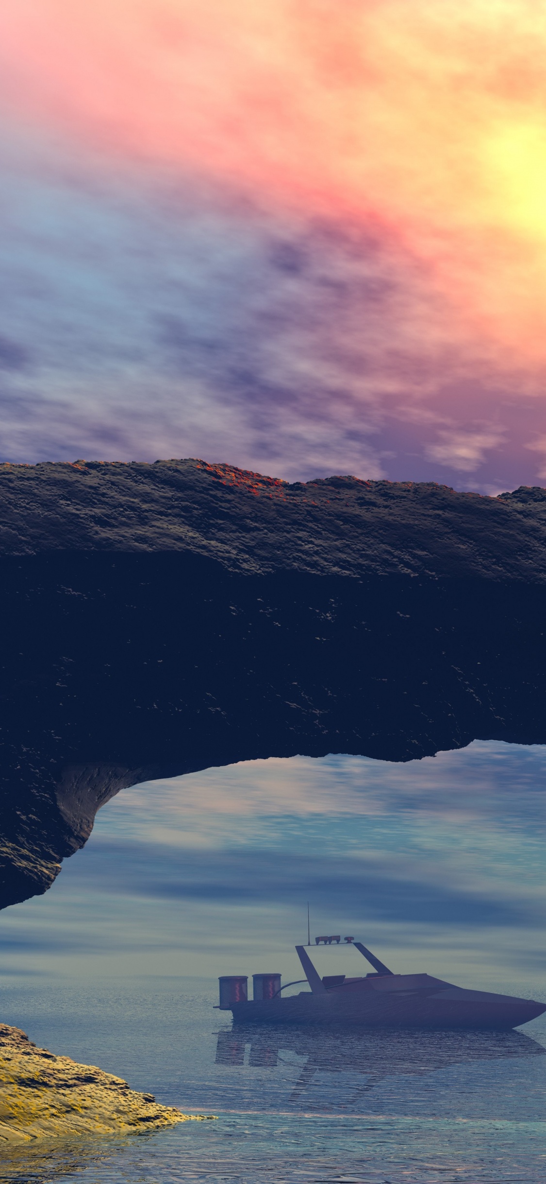 White Boat on Sea Under Brown and Black Cave During Sunset. Wallpaper in 1125x2436 Resolution