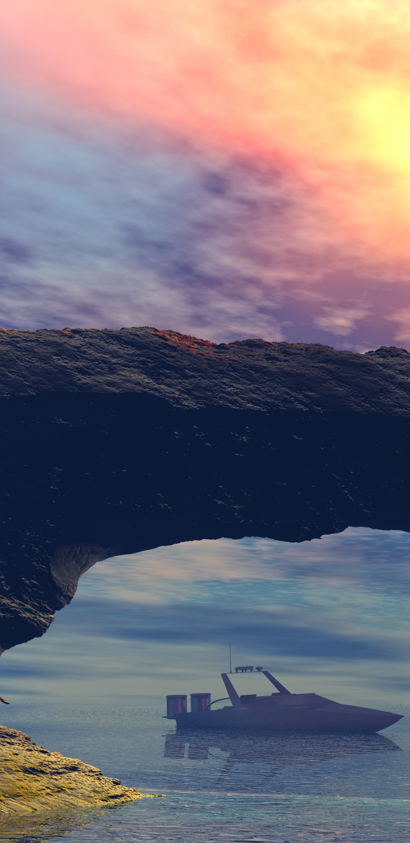 White Boat on Sea Under Brown and Black Cave During Sunset. Wallpaper in 1440x2960 Resolution