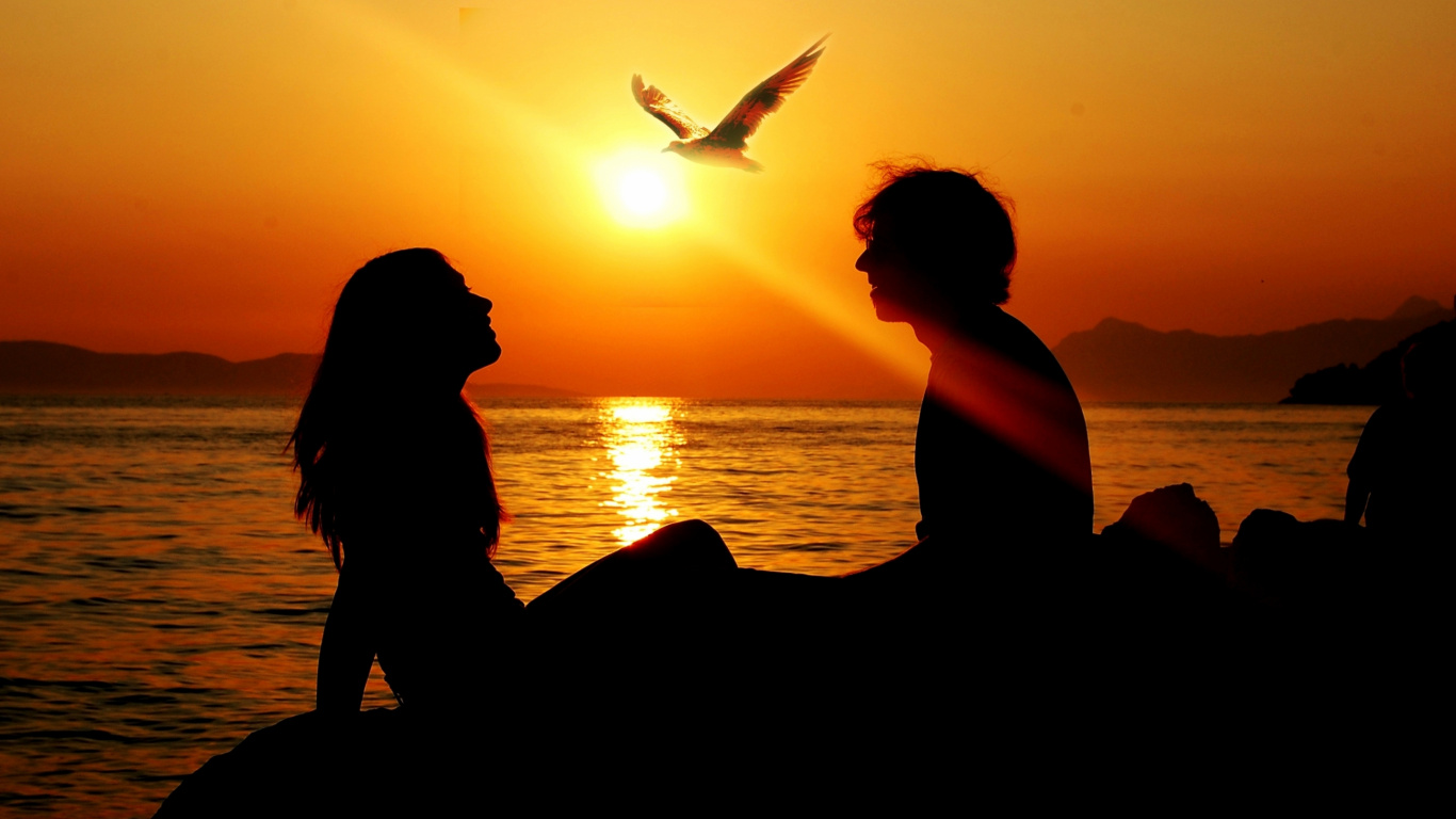 Romanticismo, Puesta, Afterglow, Mar, Sol. Wallpaper in 1366x768 Resolution