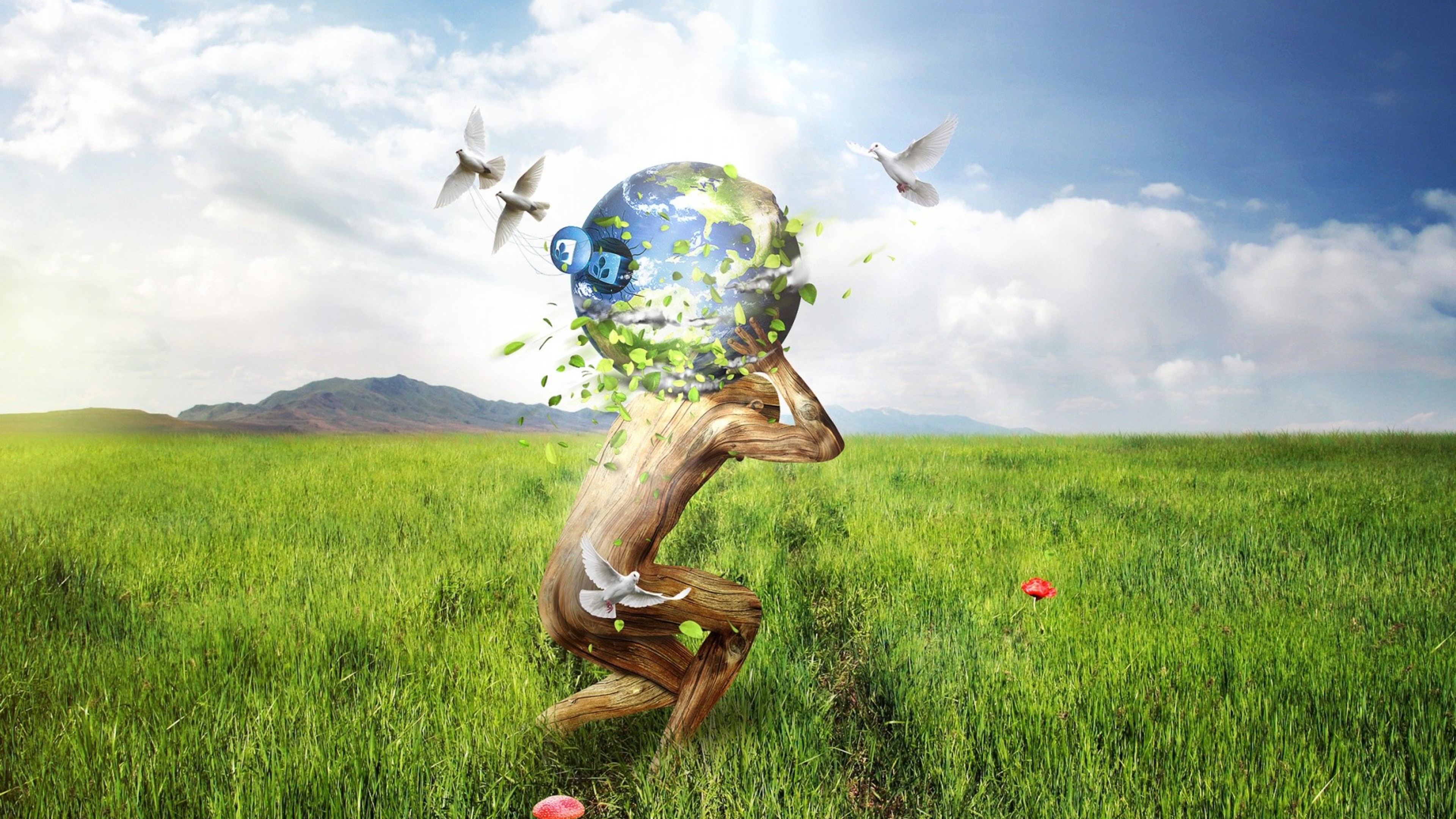 Globe Bleu et Vert Sur Une Branche D'arbre Marron. Wallpaper in 3840x2160 Resolution