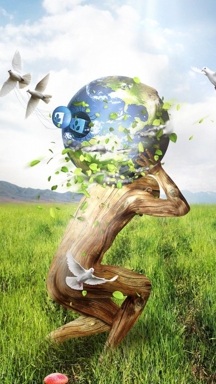 Globe Bleu et Vert Sur Une Branche D'arbre Marron. Wallpaper in 720x1280 Resolution