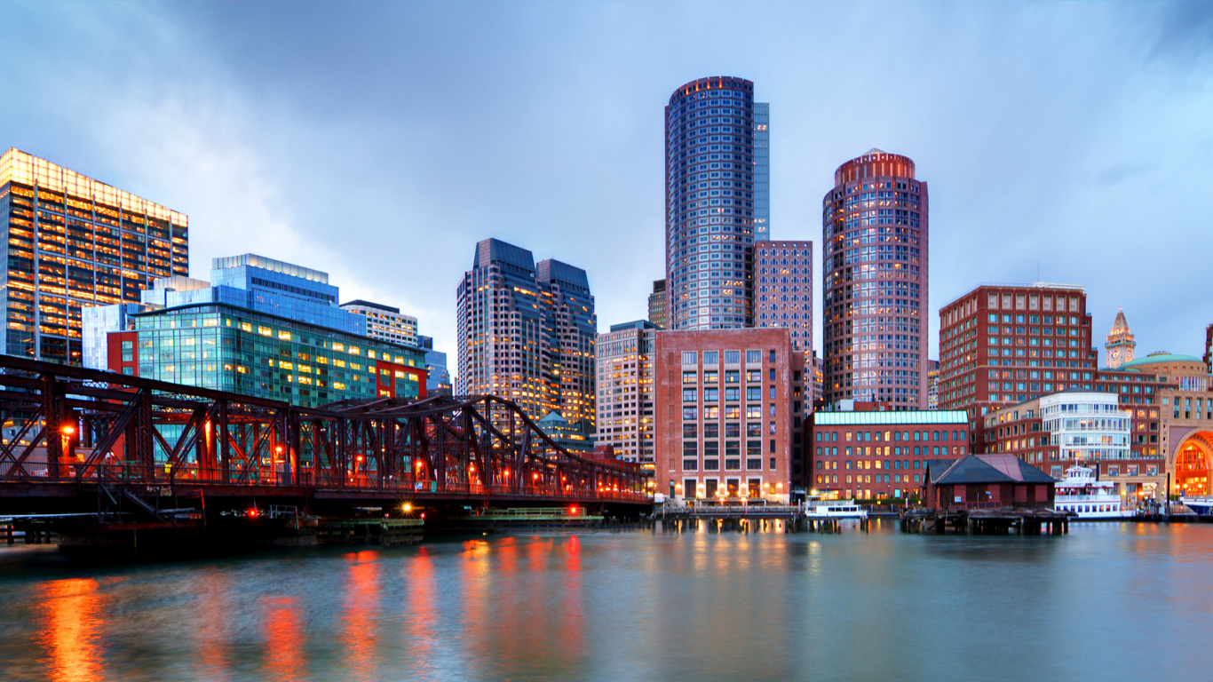 City Skyline Across Body of Water During Night Time. Wallpaper in 1366x768 Resolution