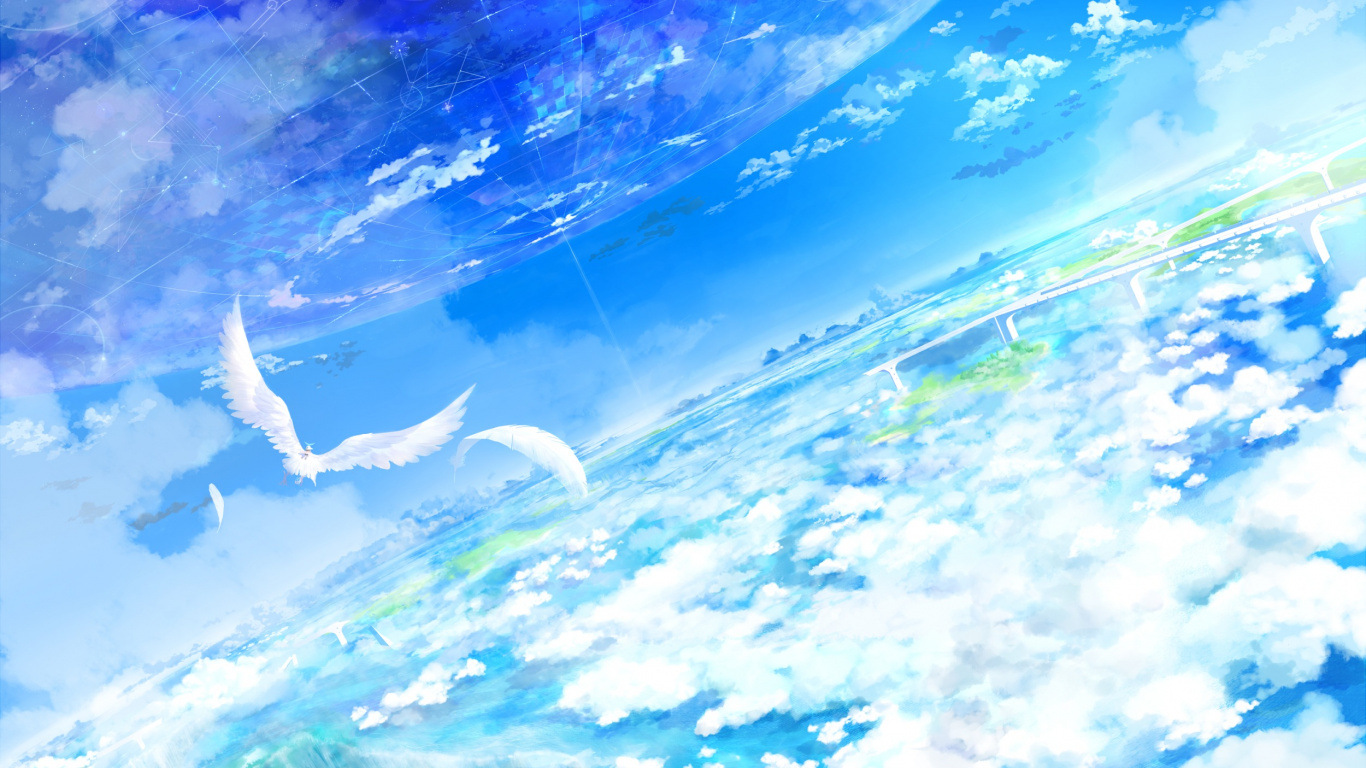 Blue and White Clouds and Sky Painting. Wallpaper in 1366x768 Resolution