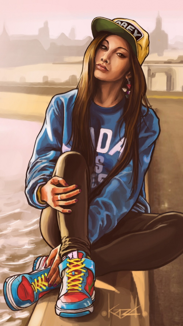 Frau in Blau-weißer Jacke Und Schwarzer Hose, Die Tagsüber Auf Braunem Sand Sitzt. Wallpaper in 720x1280 Resolution