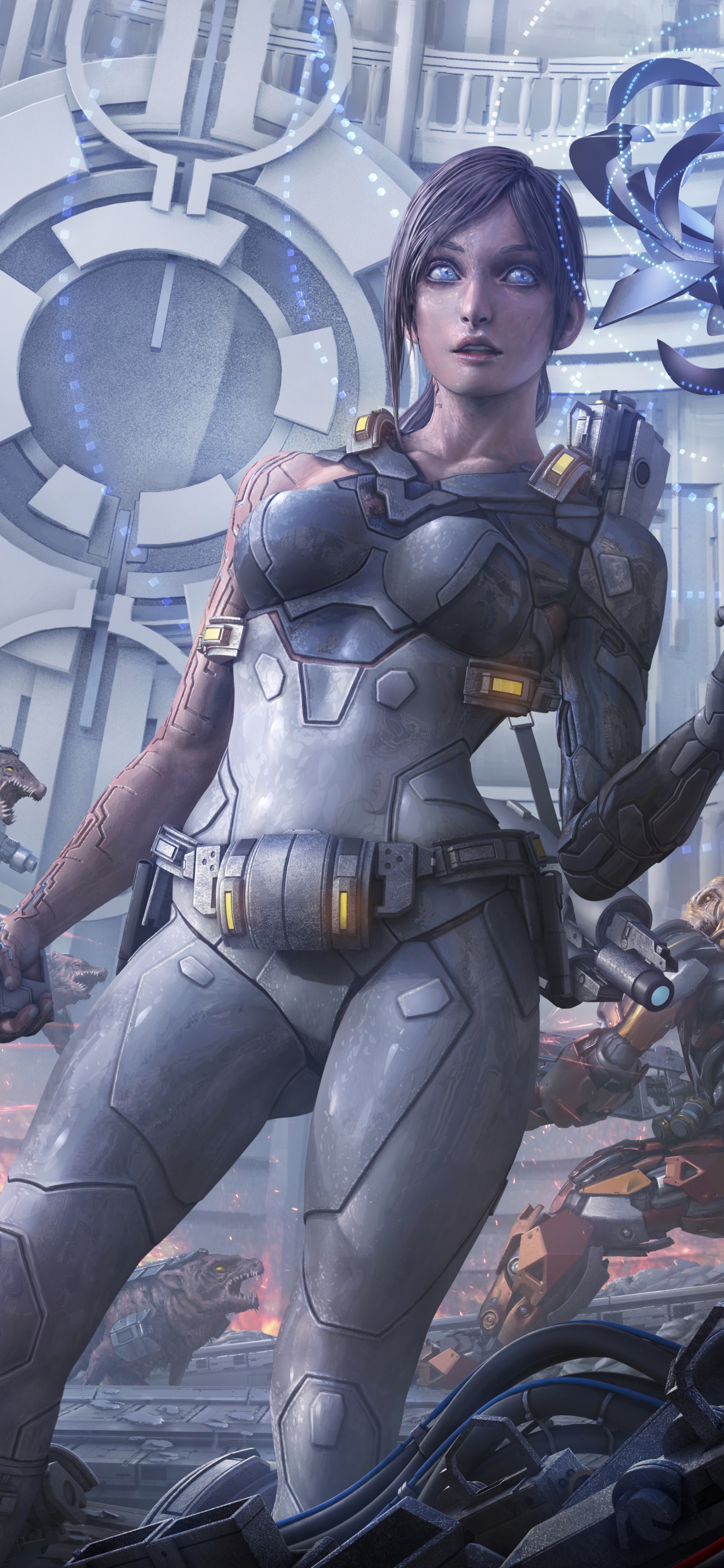 Frau im Schwarz-grauen Anzug Mit Schwarzem Und Braunem Gewehr. Wallpaper in 1242x2688 Resolution