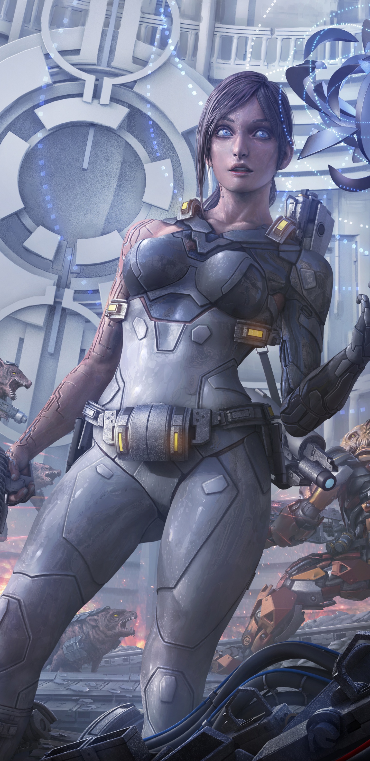 Frau im Schwarz-grauen Anzug Mit Schwarzem Und Braunem Gewehr. Wallpaper in 1440x2960 Resolution