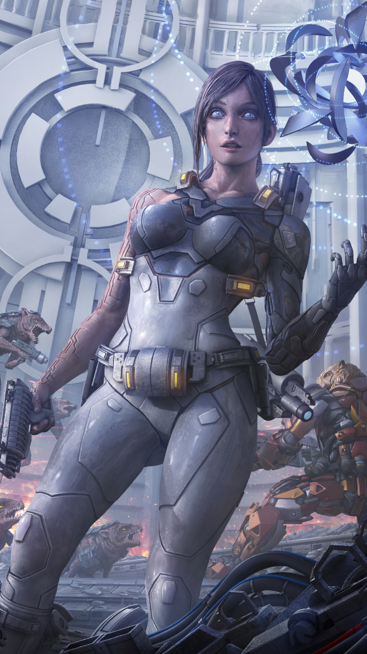 Frau im Schwarz-grauen Anzug Mit Schwarzem Und Braunem Gewehr. Wallpaper in 750x1334 Resolution