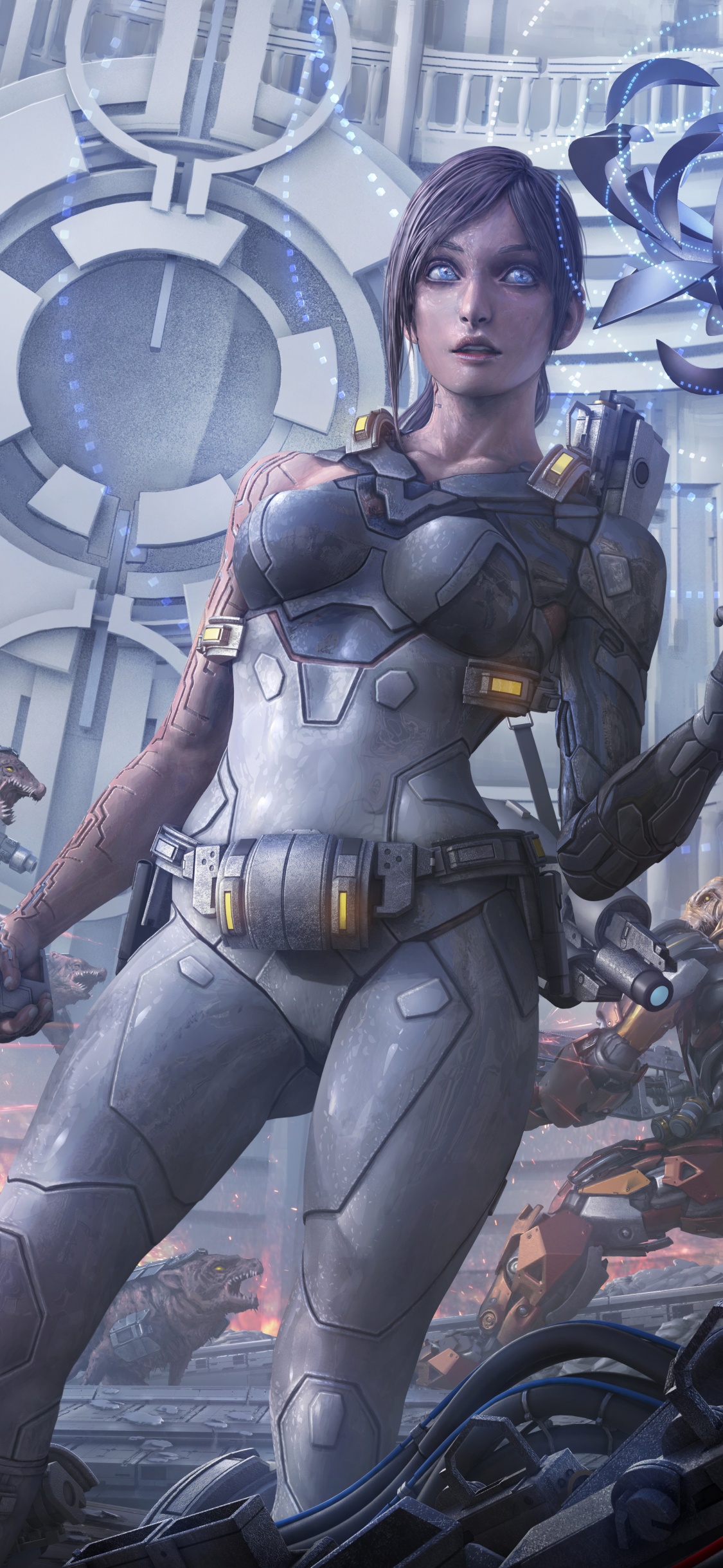 Mujer en Traje Negro y Gris Con Rifle Negro y Marrón. Wallpaper in 1125x2436 Resolution