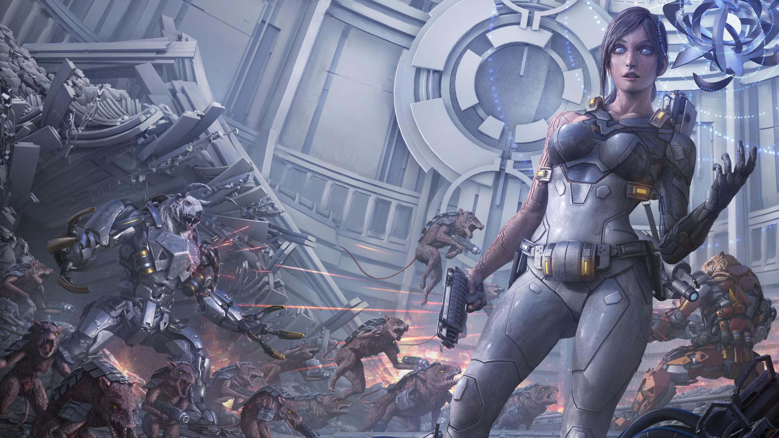 Woman in Black and Gray Suit Holding Black and Brown Rifle. Wallpaper in 2560x1440 Resolution