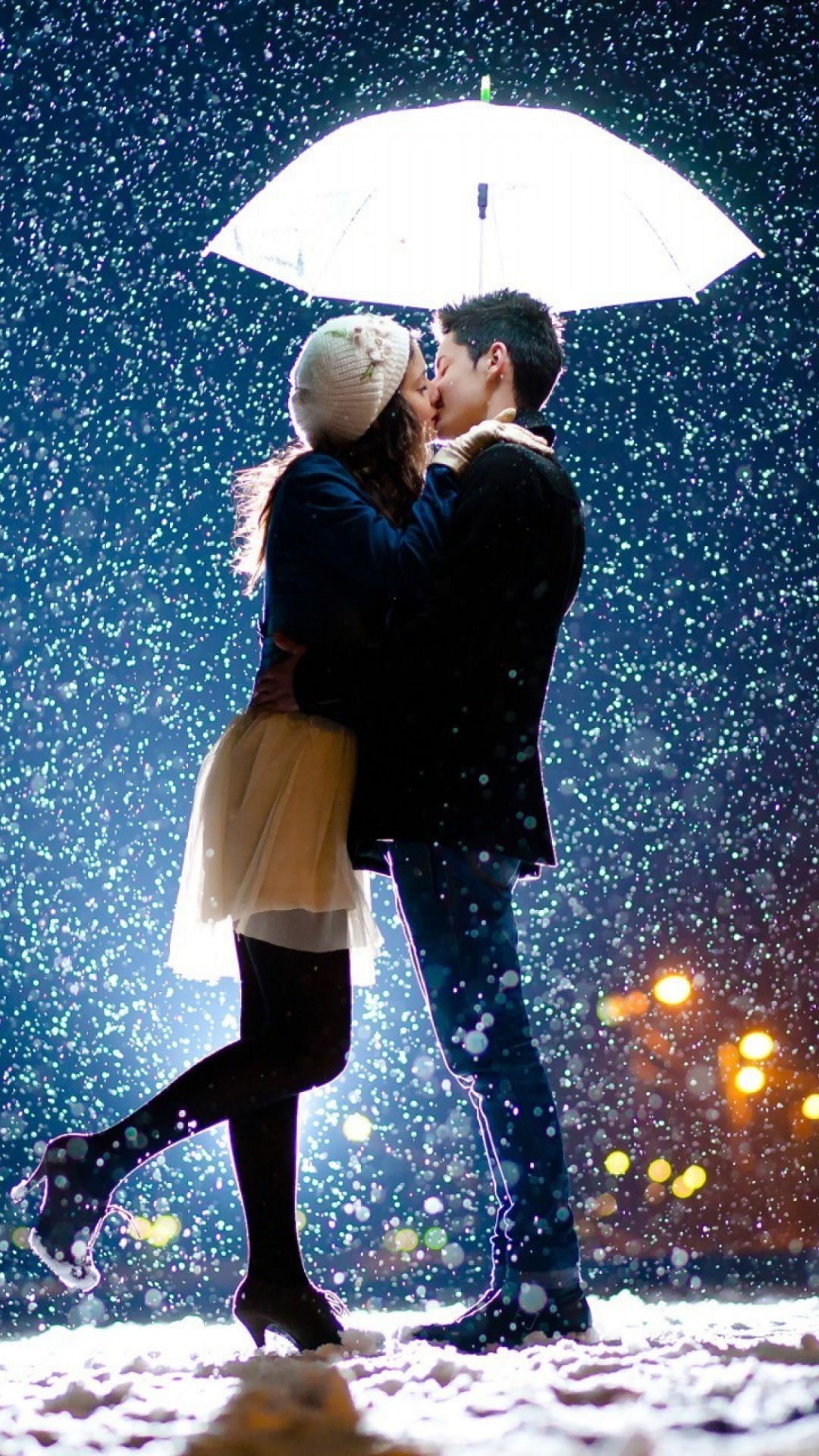 Romance, Kiss, Couple, Umbrella, Snow. Wallpaper in 1080x1920 Resolution