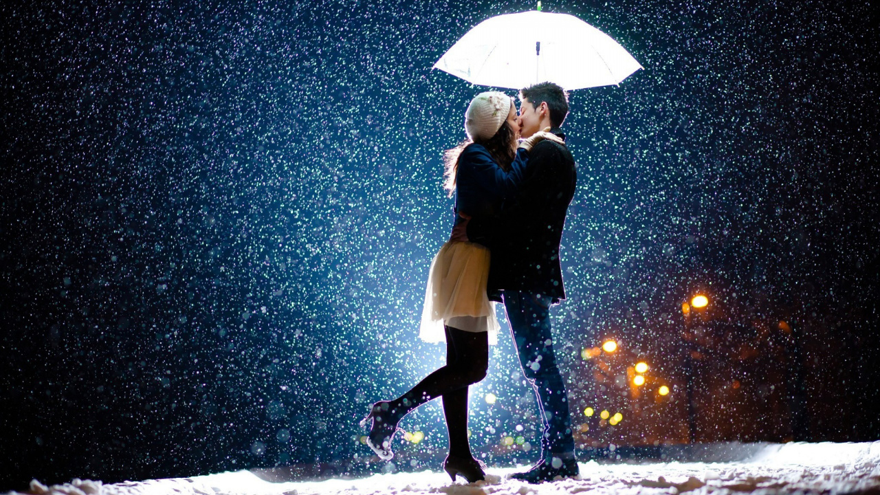 Romance, Kiss, Couple, Umbrella, Snow. Wallpaper in 1280x720 Resolution