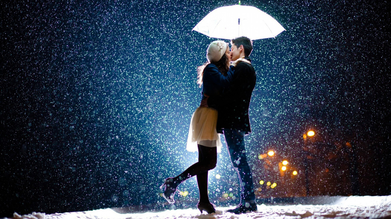 Romance, Kiss, Couple, Umbrella, Snow. Wallpaper in 1366x768 Resolution