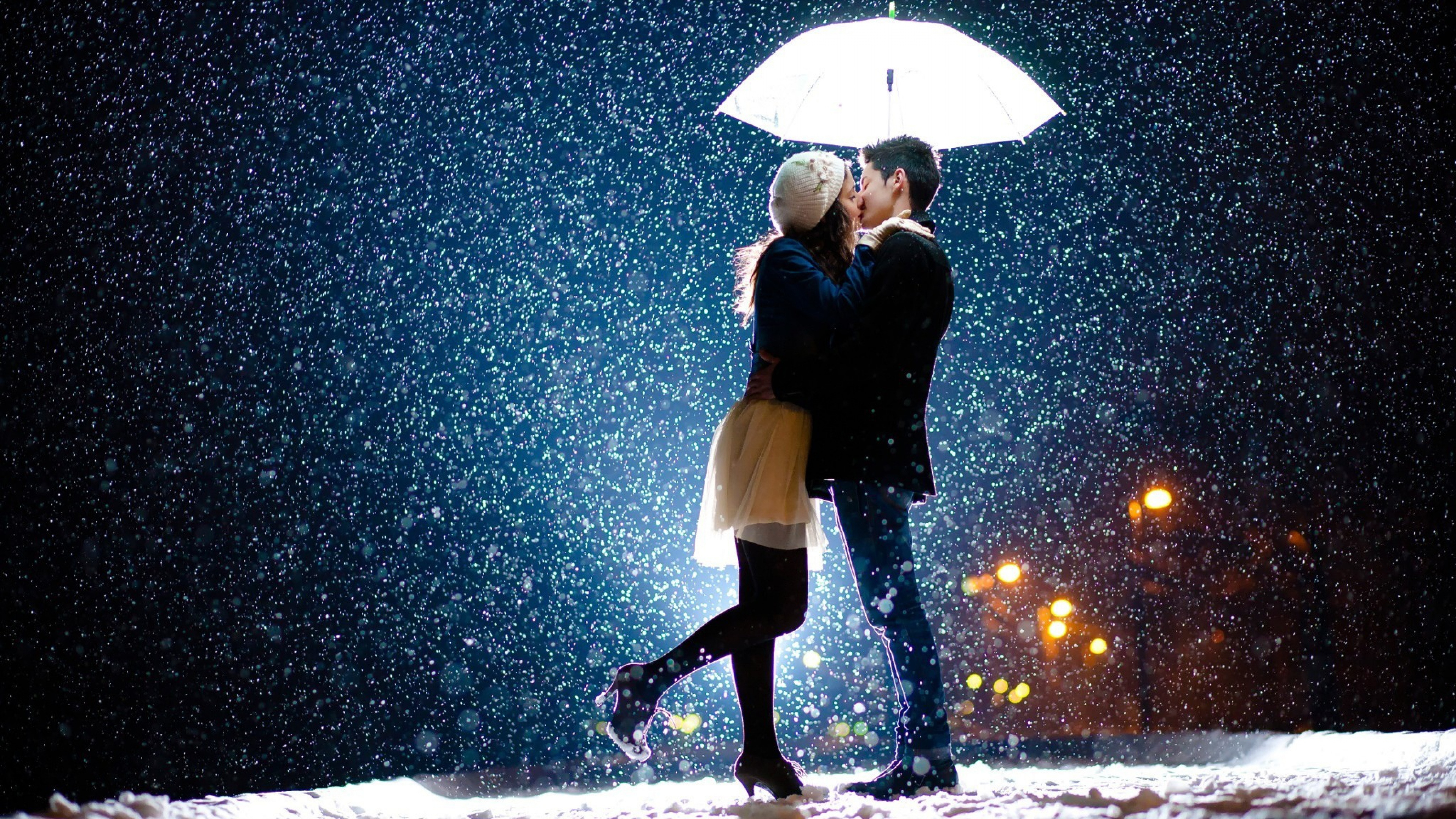 Romance, Kiss, Couple, Umbrella, Snow. Wallpaper in 3840x2160 Resolution