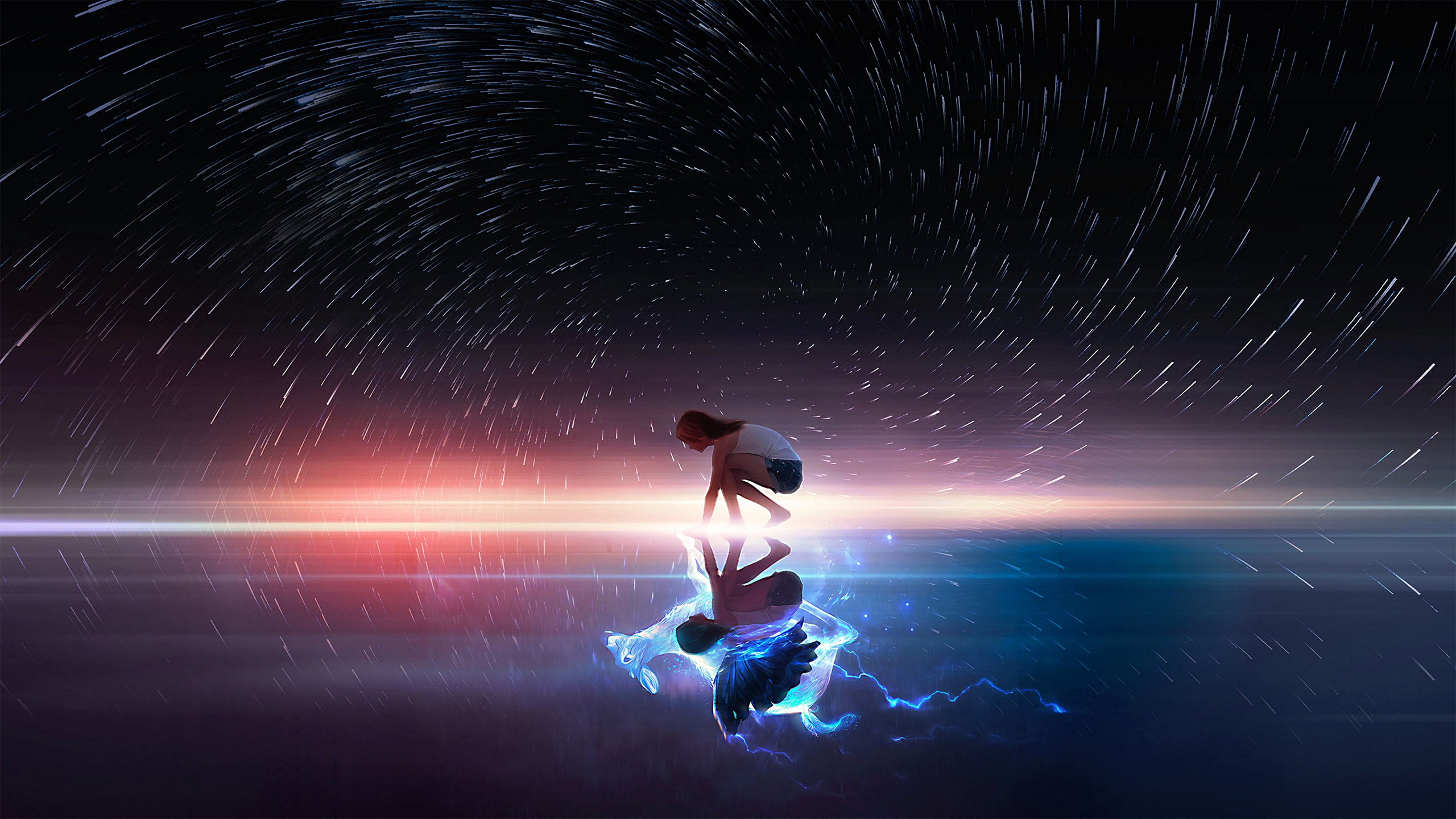 Man in White Shirt and Brown Pants Lying on Water. Wallpaper in 2560x1440 Resolution