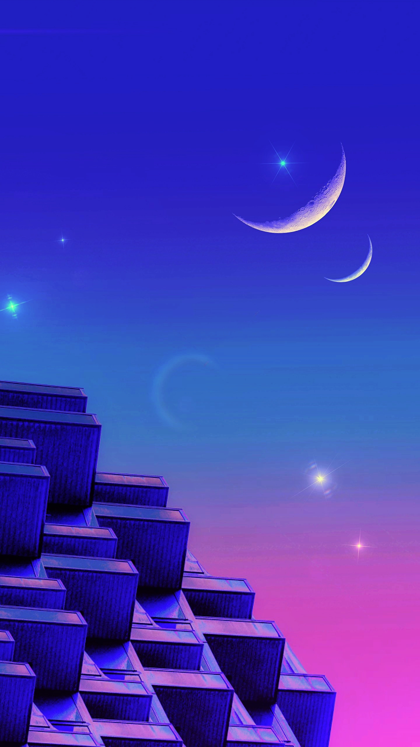 City, Vaporwave, Event, Astronomical Object, Crescent. Wallpaper in 1440x2560 Resolution