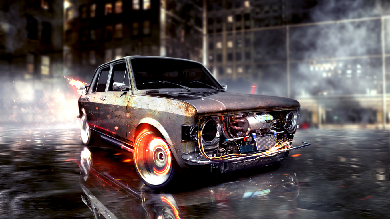 Rotes Und Schwarzes Muscle-Car. Wallpaper in 1366x768 Resolution