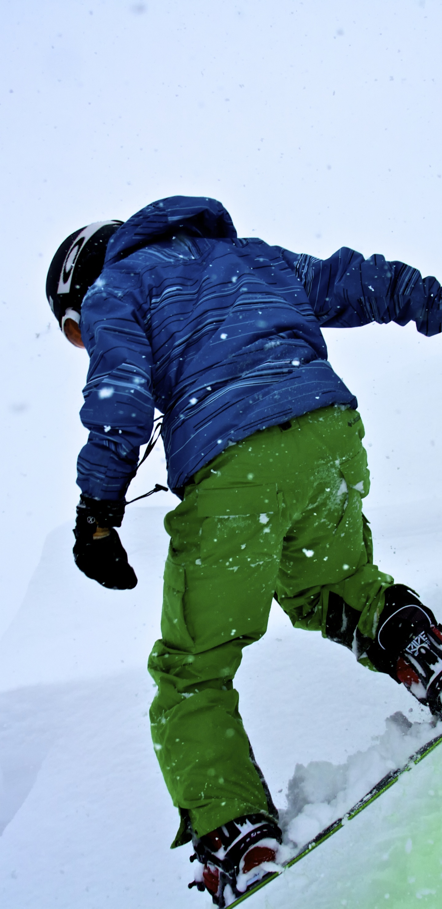 Persona Con Chaqueta Azul y Pantalones Verdes Montados Sobre Palas de Esquí Sobre un Terreno Cubierto. Wallpaper in 1440x2960 Resolution