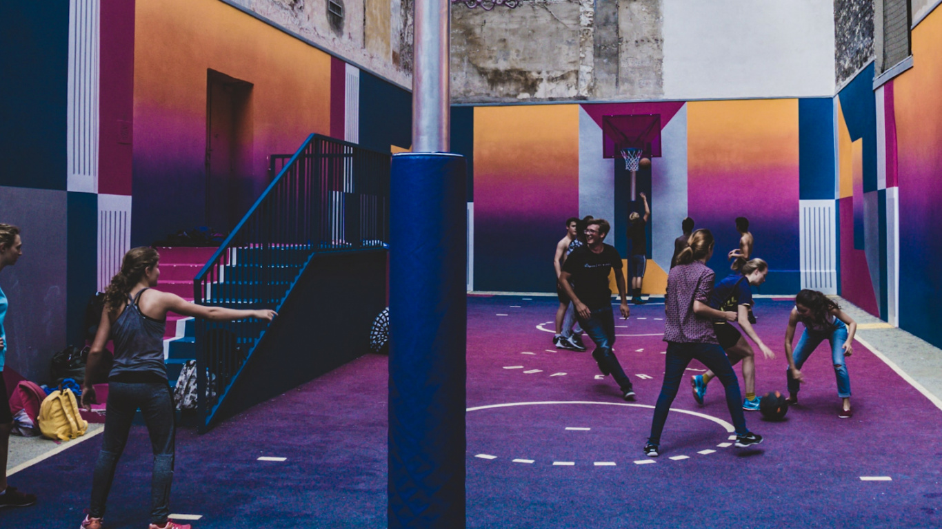 Street, Basketball, Basketball Hoop, Building, Purple. Wallpaper in 1366x768 Resolution