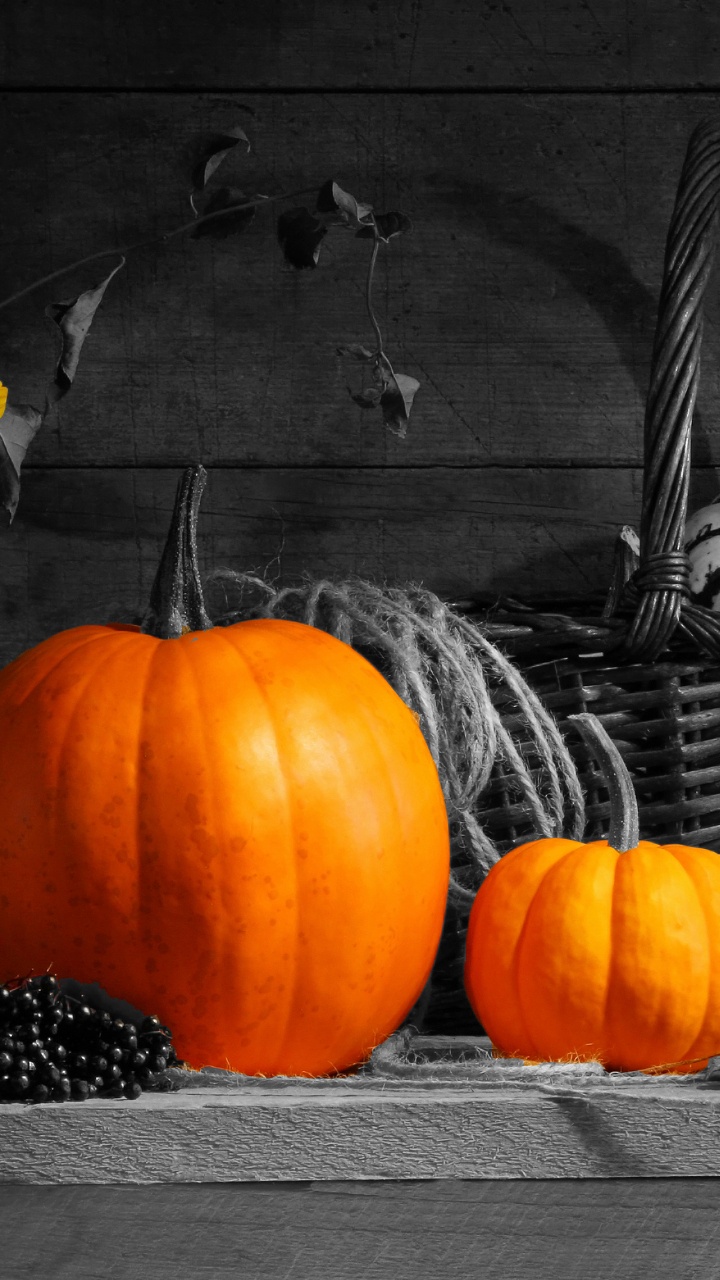 Orange Pumpkin on Brown Woven Basket. Wallpaper in 720x1280 Resolution