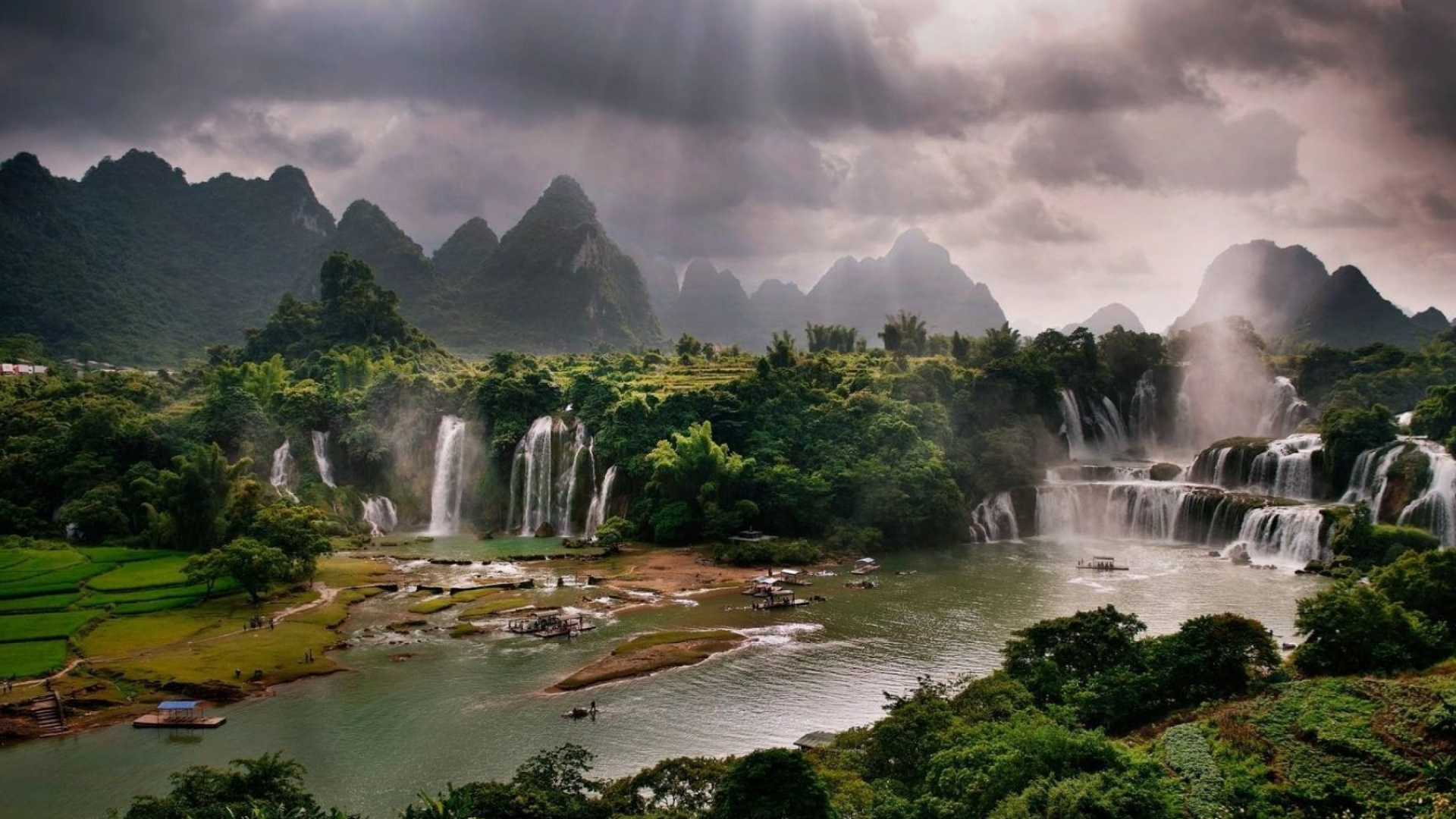 Green Trees Near Water Falls. Wallpaper in 1920x1080 Resolution