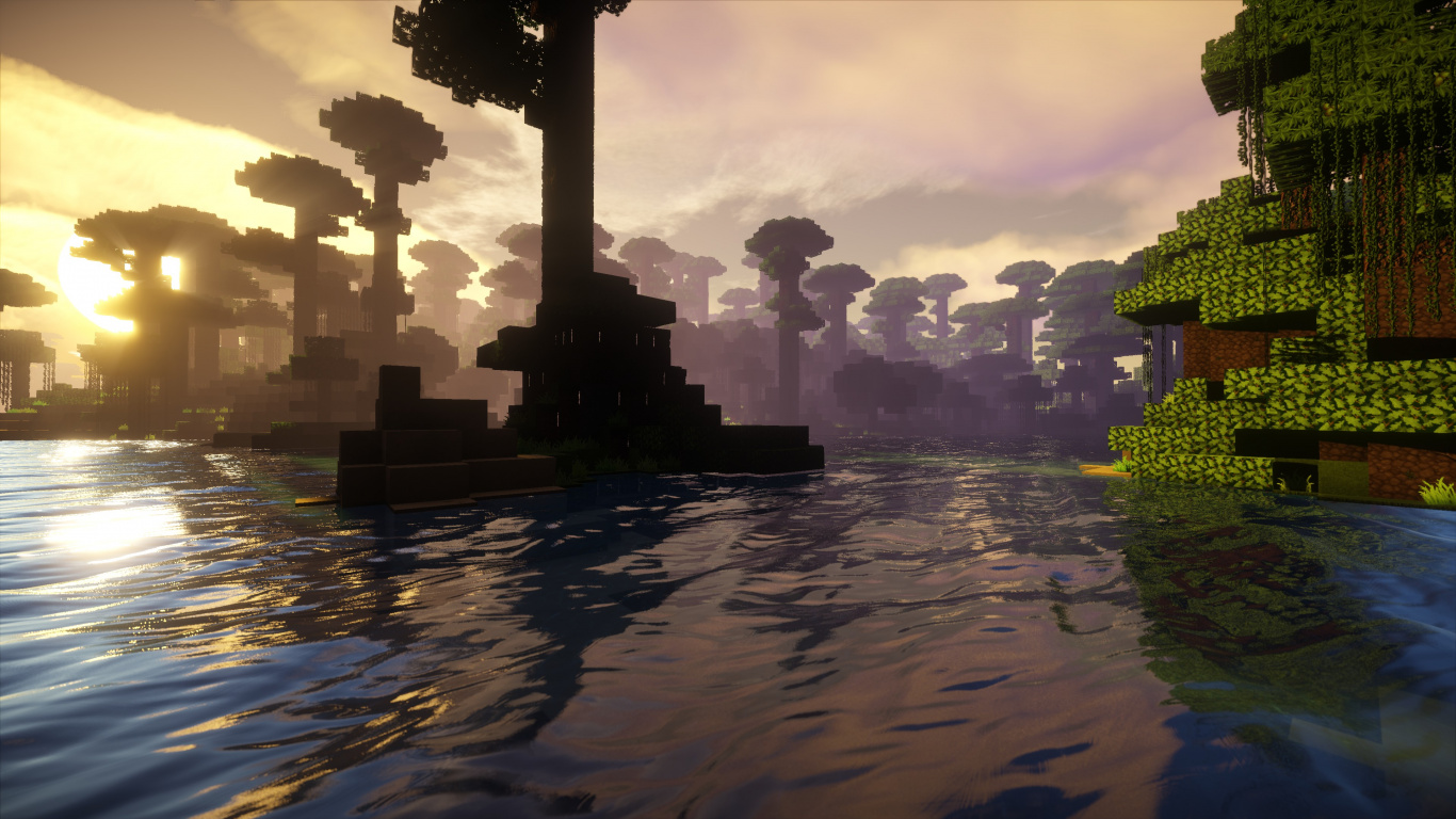 Minecraft, Nature, Matin, Voie Navigable, Biome. Wallpaper in 1366x768 Resolution