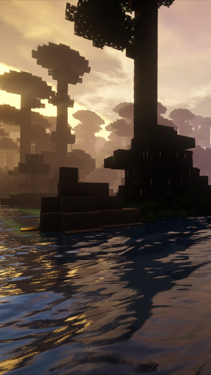 Minecraft, Nature, Morning, Tree, Waterway. Wallpaper in 720x1280 Resolution