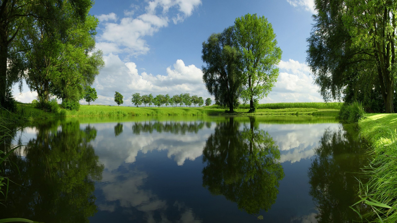Green Grass Field Near Lake Under Blue Sky During Daytime. Wallpaper in 1366x768 Resolution