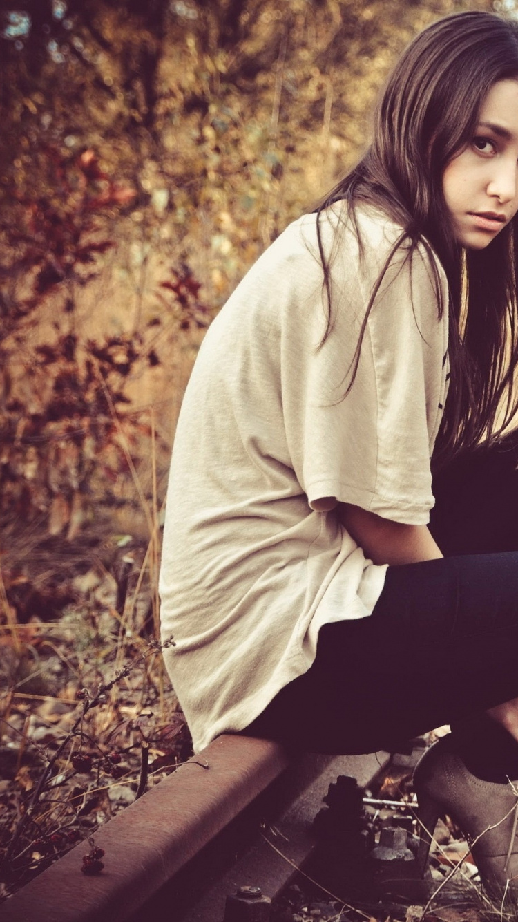 Beauty, Sitting, Girl, Autumn, Sadness. Wallpaper in 750x1334 Resolution