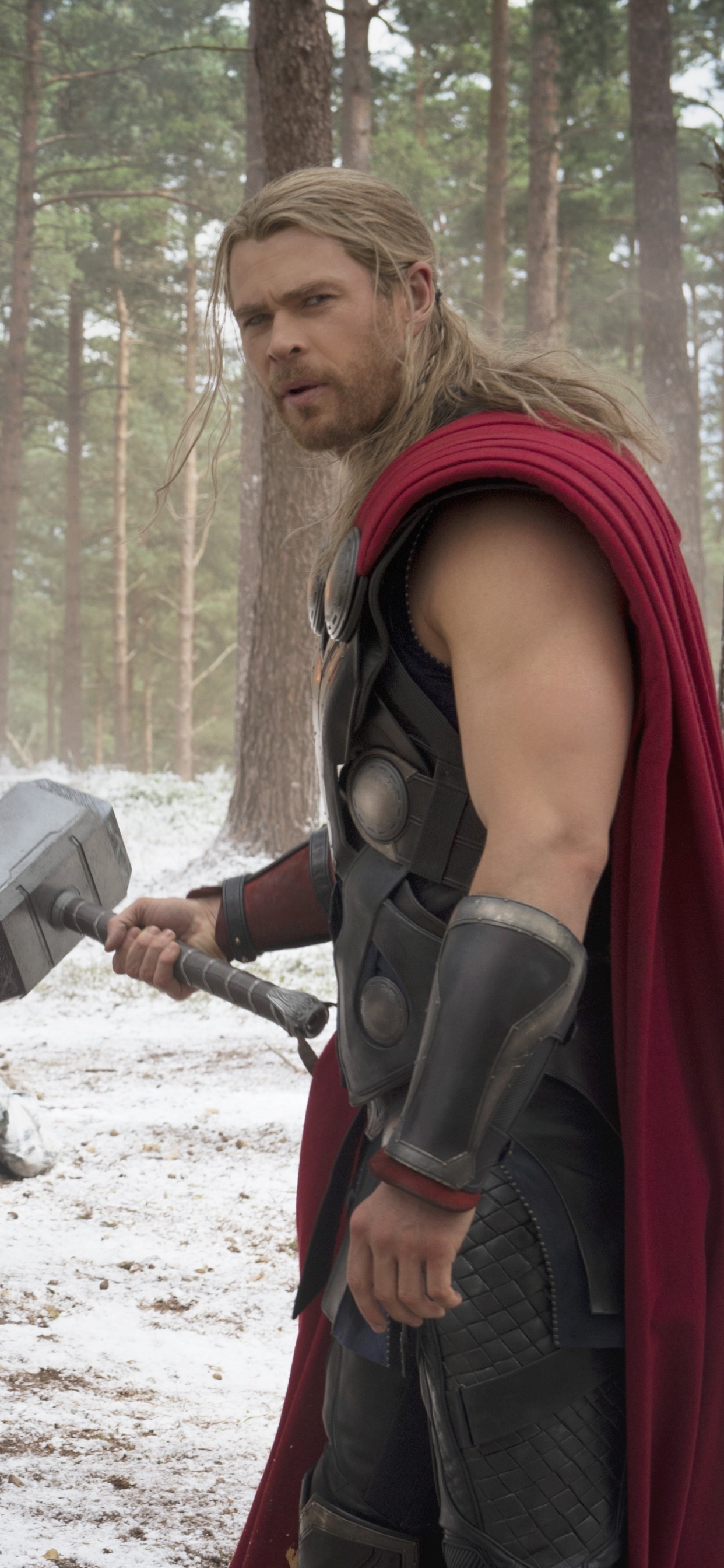 Man in Black and Red Vest Holding a Gray and Black Metal Axe. Wallpaper in 1242x2688 Resolution