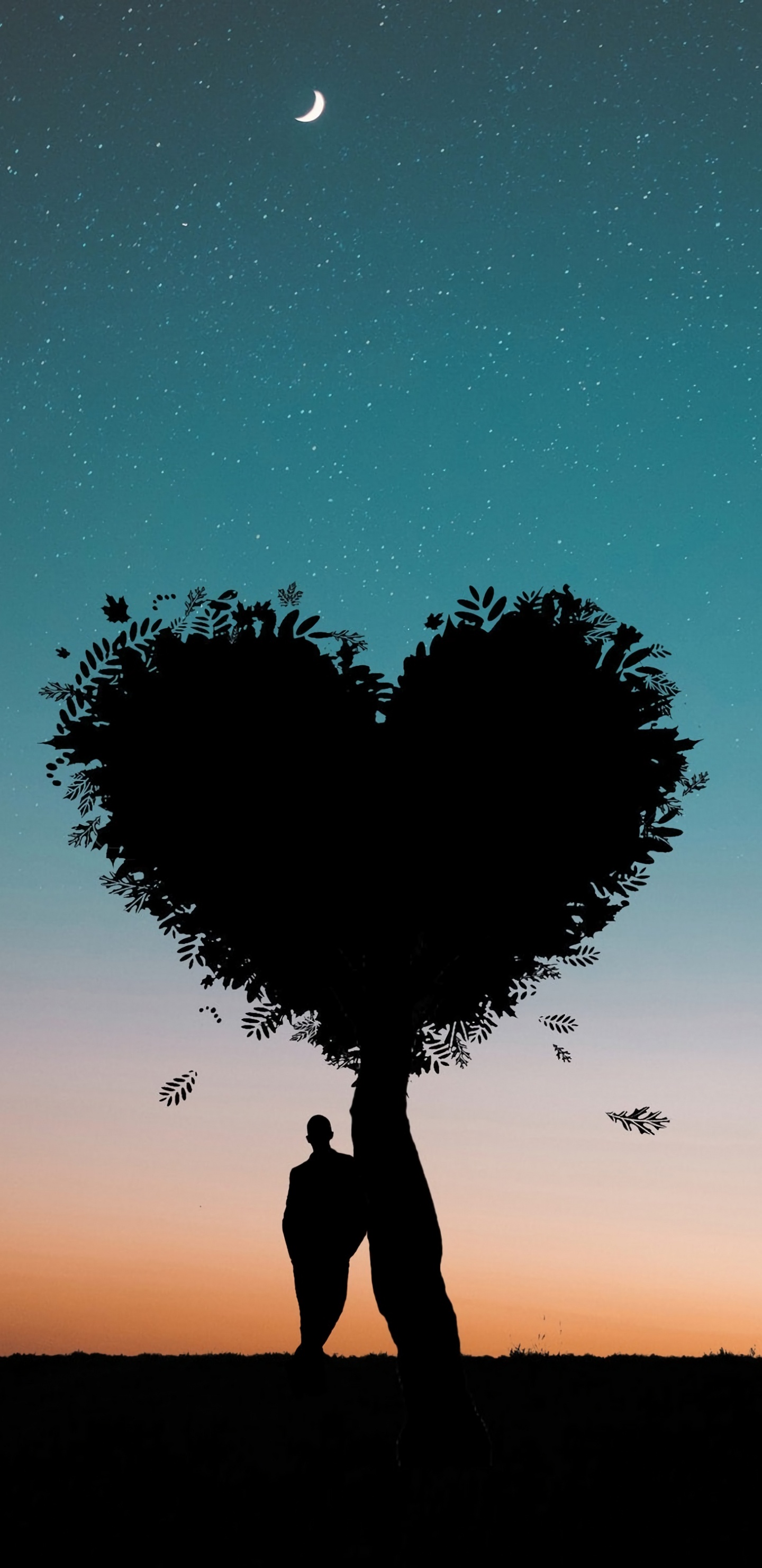 Amor, Silueta, Coraz, Fábrica, Puesta. Wallpaper in 1440x2960 Resolution