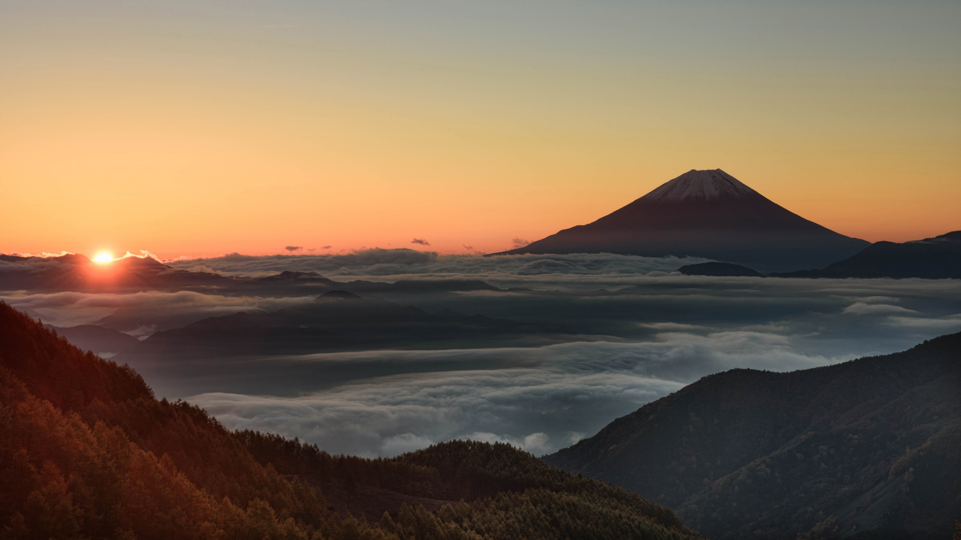 日落, 富士山, 晚上, 地平线, 高地 壁纸 1920x1080 允许