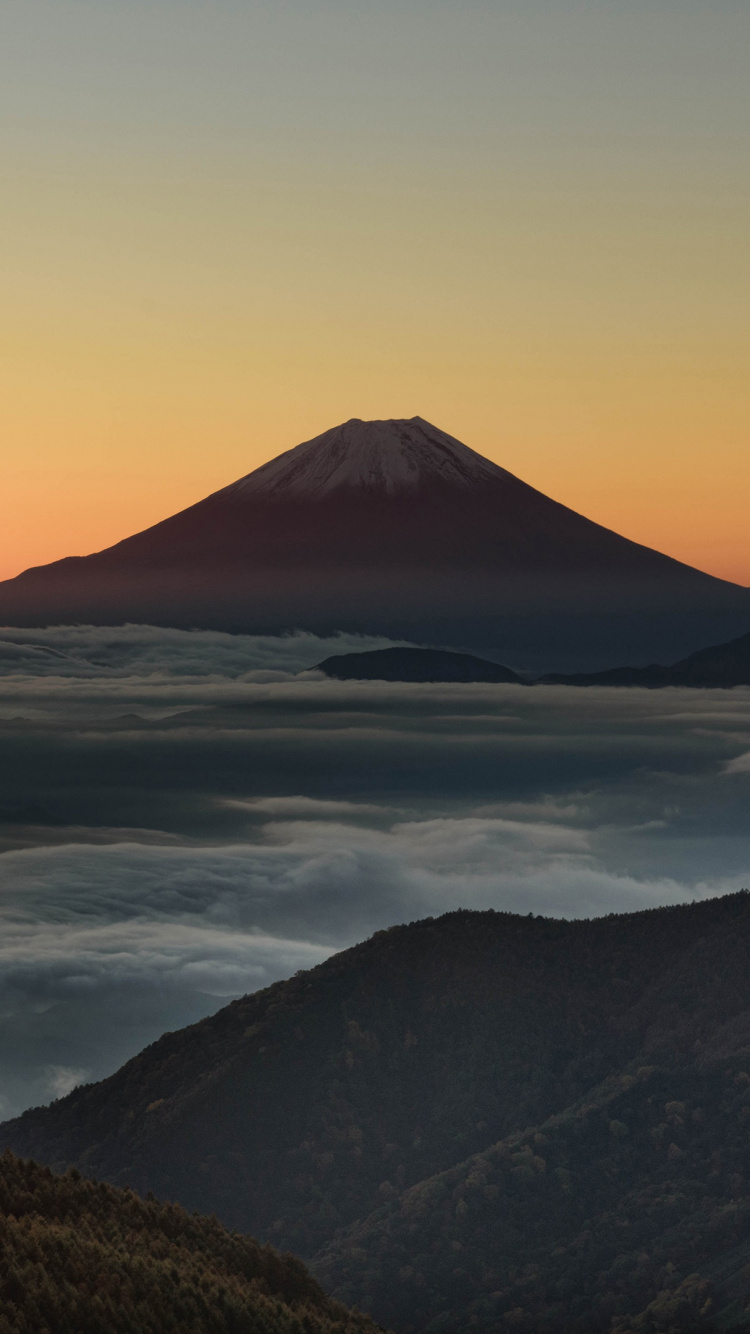 日落, 富士山, 晚上, 地平线, 高地 壁纸 750x1334 允许