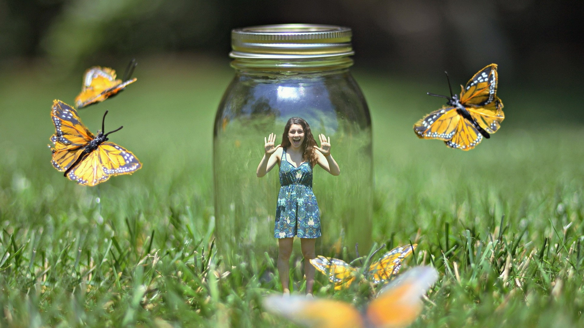 Girl in Blue Dress Standing on Green Grass Field. Wallpaper in 1920x1080 Resolution