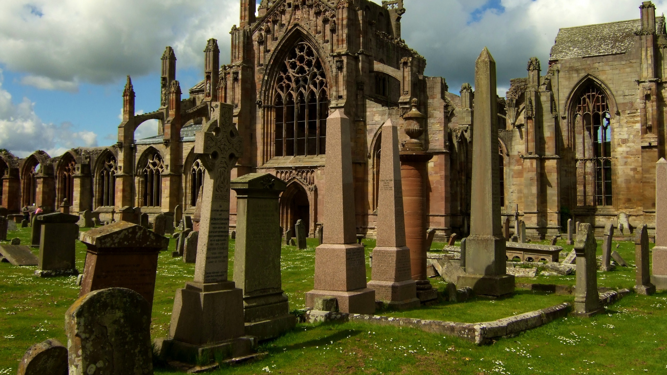 Melrose Abbey, Ruins, Medieval Architecture, Building, Place of Worship. Wallpaper in 1366x768 Resolution