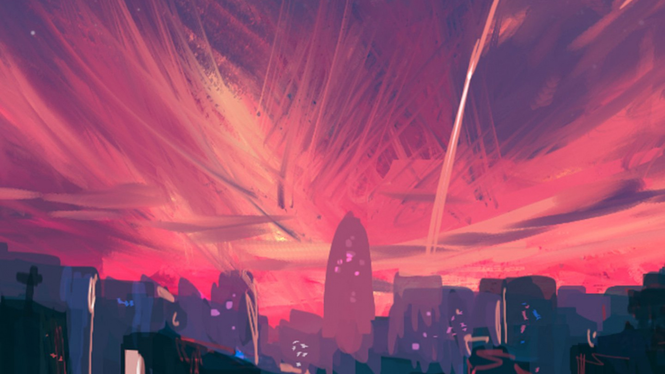 Anime-Kunst, Zeichentrickfilm, Atmosphäre, Purpur, Afterglow. Wallpaper in 1366x768 Resolution