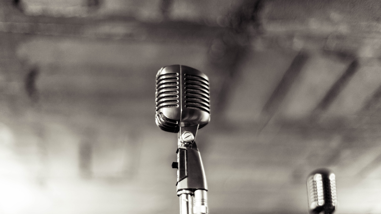 Microphone, Black and White, Musician, Microphone Stand, Audio Equipment. Wallpaper in 1280x720 Resolution