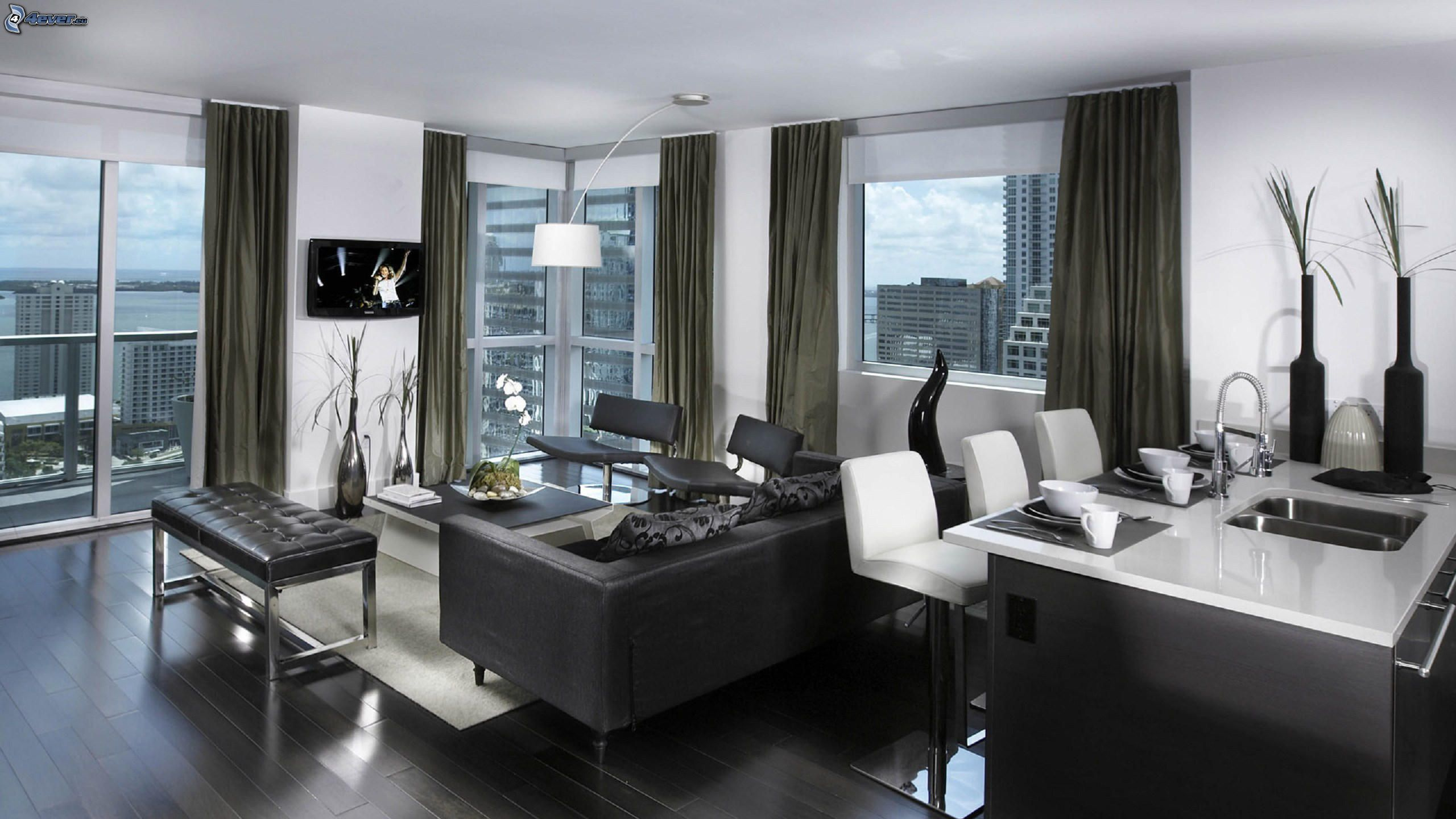 Black Laptop Computer on White Wooden Table. Wallpaper in 2560x1440 Resolution