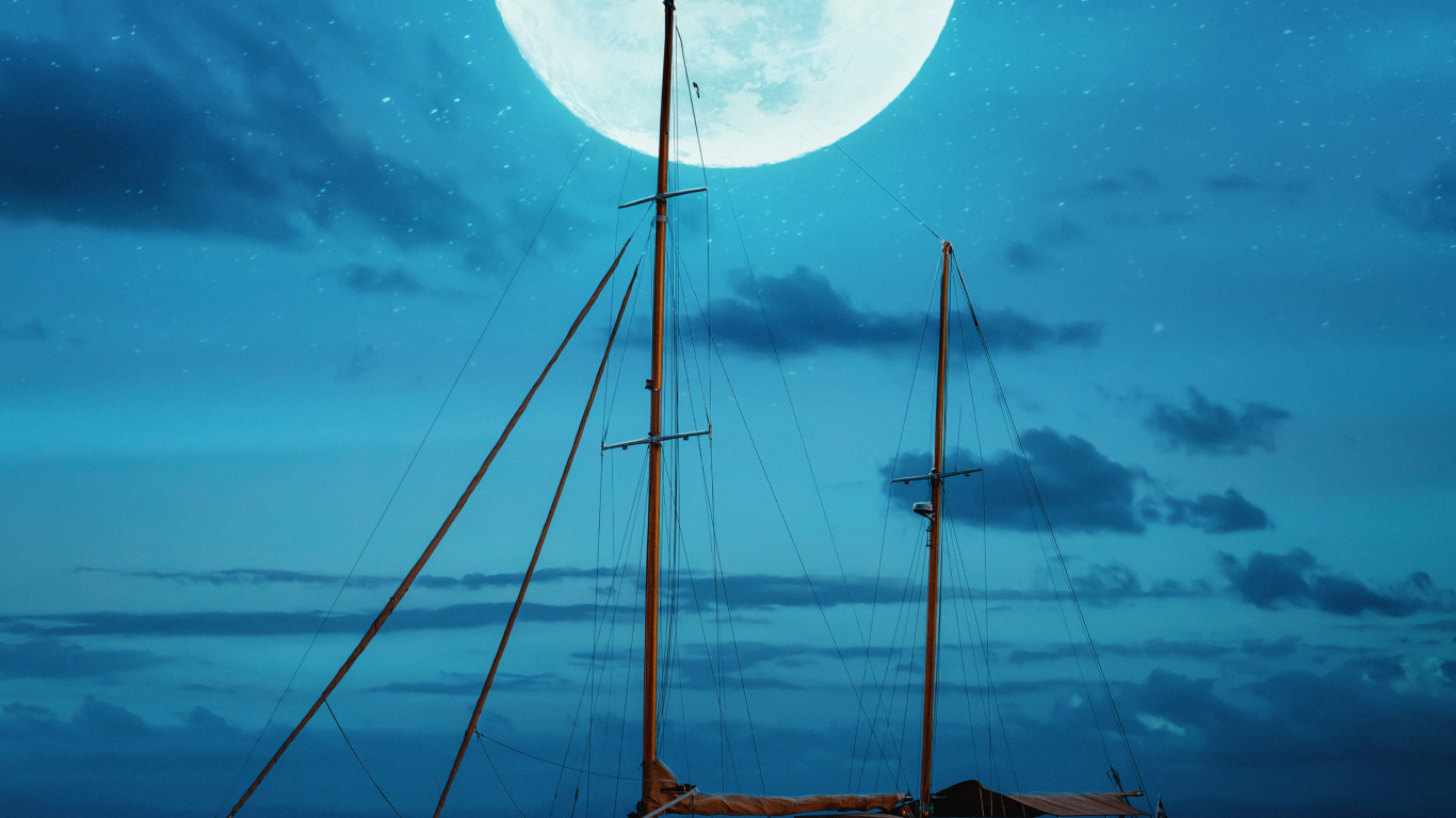 Calma, Agua, Ambiente, Barco, Luna. Wallpaper in 1366x768 Resolution