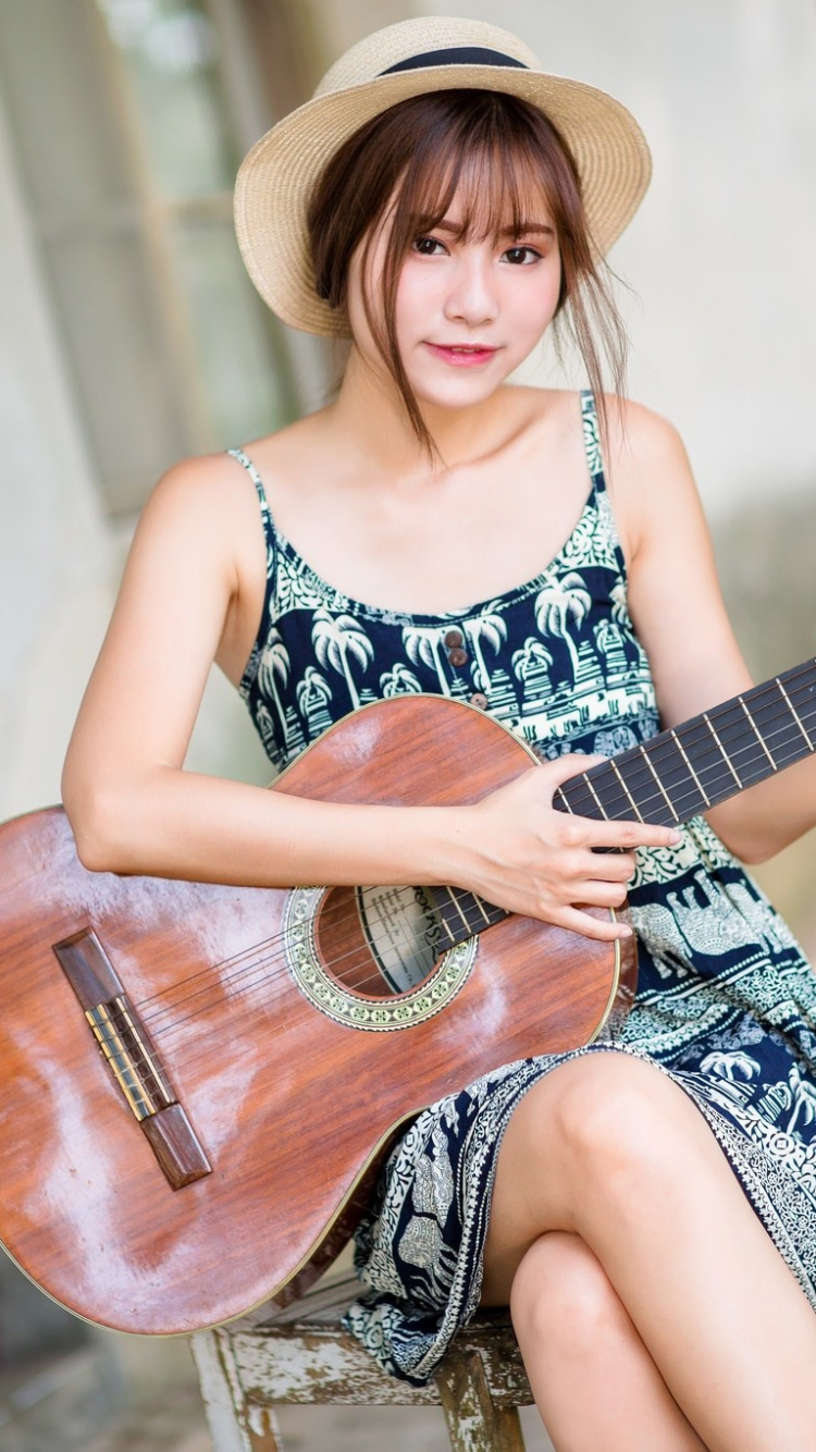 Beauty, Guitar, Leg, Gown, Lady. Wallpaper in 750x1334 Resolution