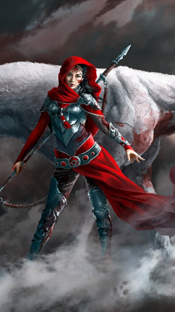 Mann im Roten Und Schwarzen Anzug Mit Weißem Pferd. Wallpaper in 720x1280 Resolution