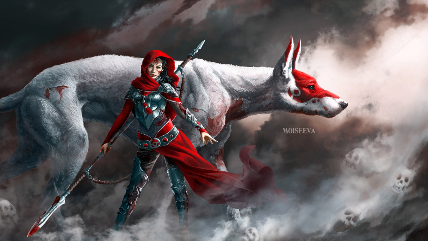 Man in Red and Black Suit Holding White Horse. Wallpaper in 1366x768 Resolution