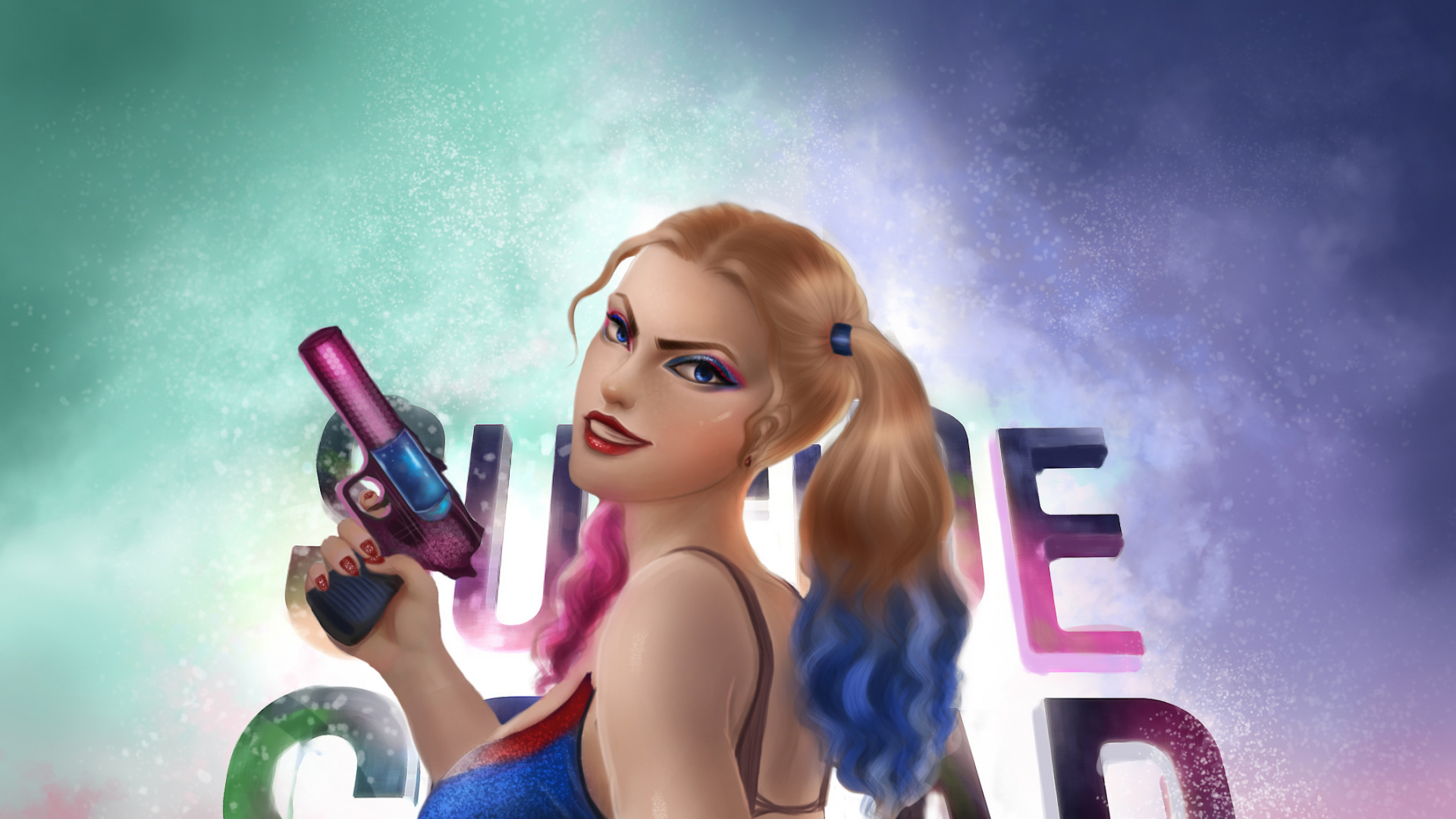 Frau im Blauen Tanktop Mit Rotem Und Schwarzem Schnurlosem Mikrofon. Wallpaper in 1920x1080 Resolution