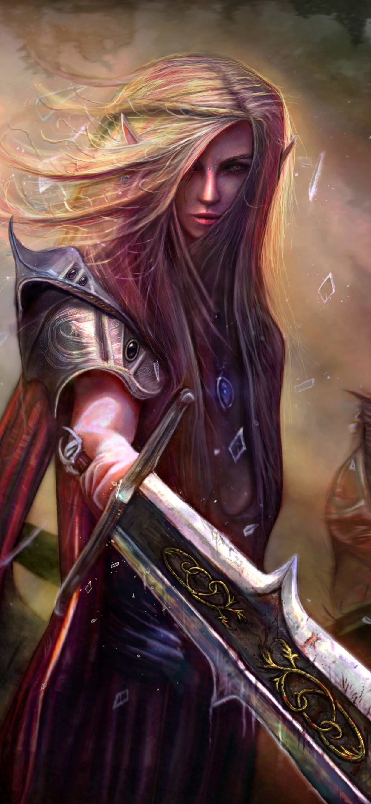 Woman in Brown Dress Holding Sword Illustration. Wallpaper in 1242x2688 Resolution